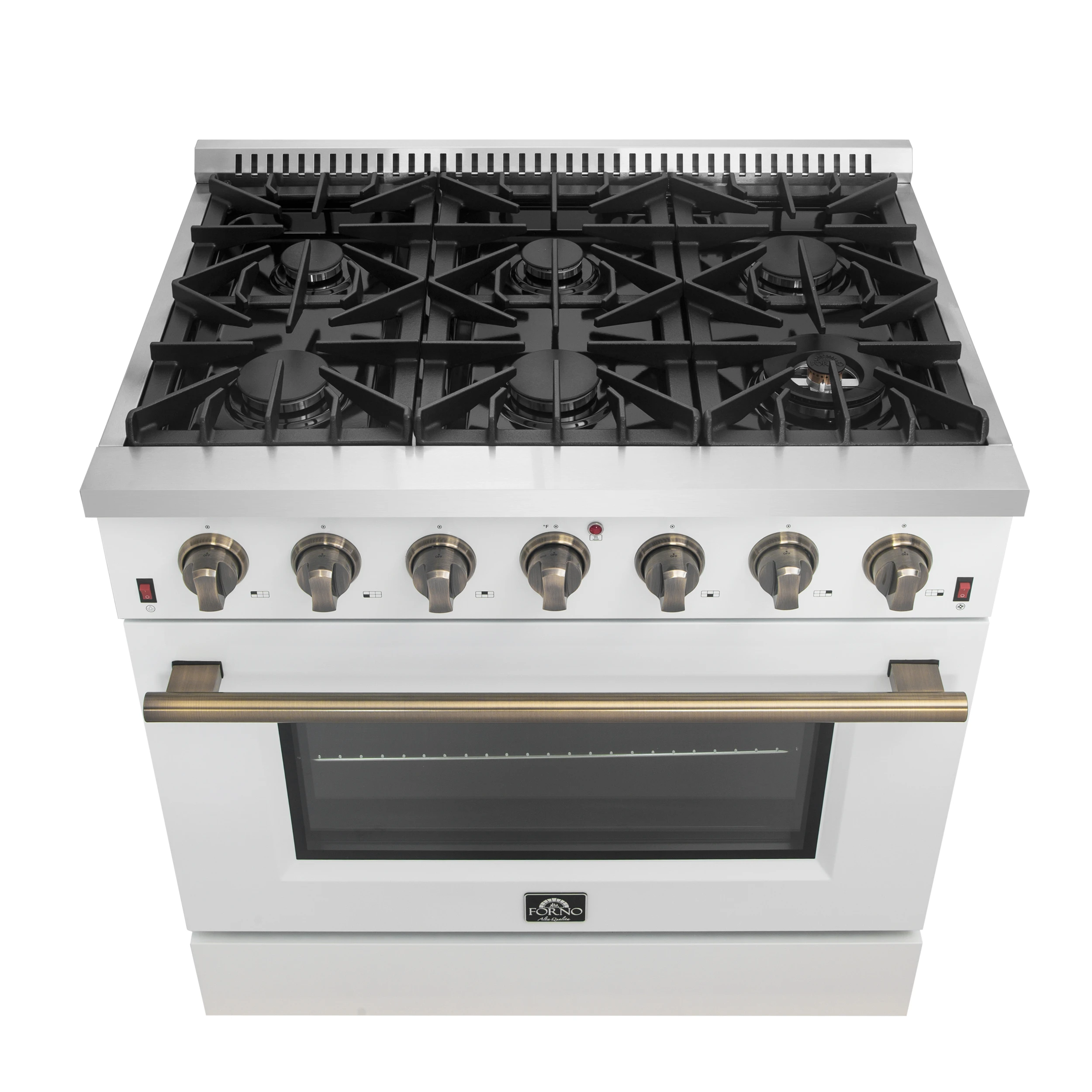 Galiano 36-inch Freestanding Gas Range in White with Antique Brass Design, 6 Burners, 83,000 BTU, 5.36 cu.ft. Convection Oven FFSGS624436WHT