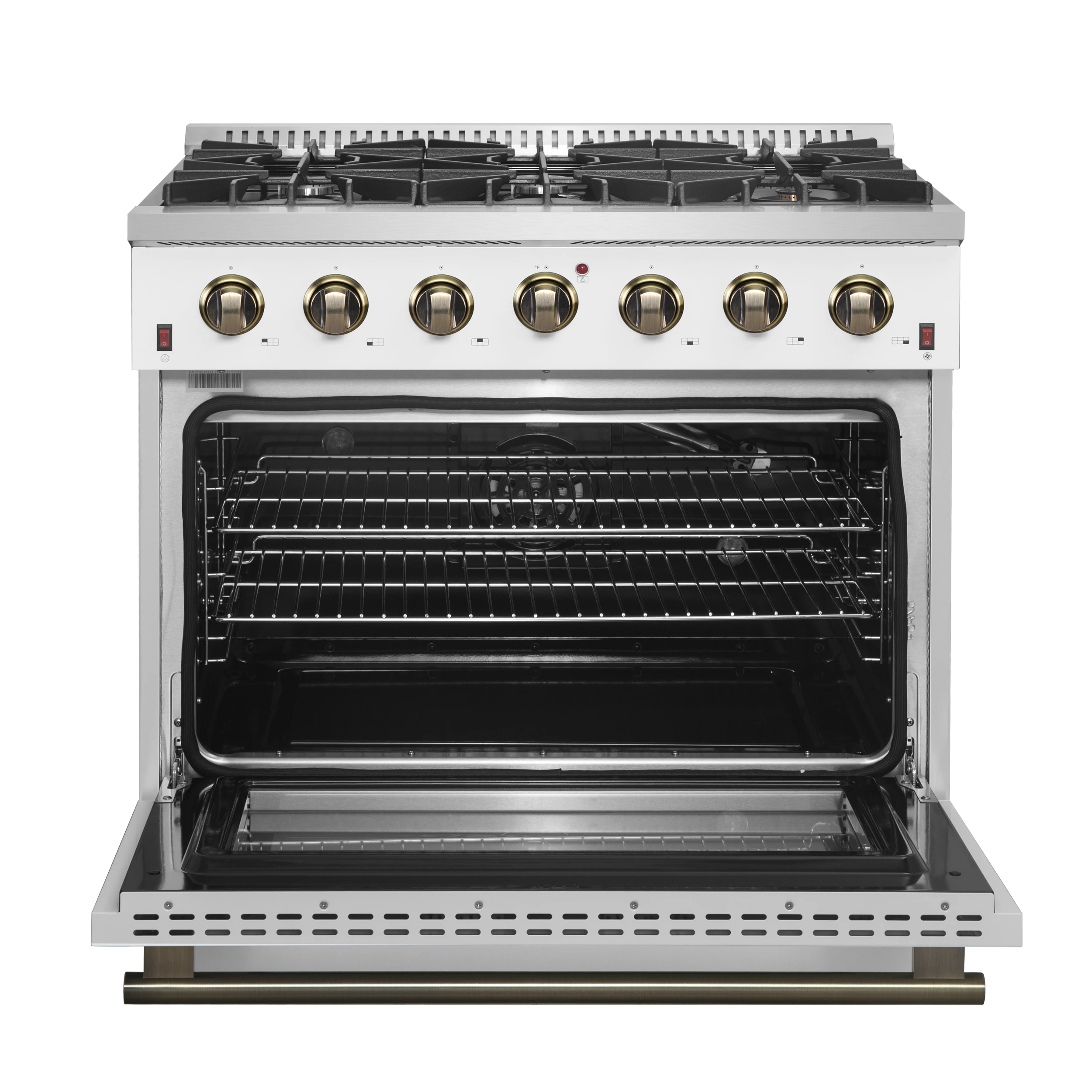 Galiano 36-inch Freestanding Gas Range in White with Antique Brass Design, 6 Burners, 83,000 BTU, 5.36 cu.ft. Convection Oven FFSGS624436WHT