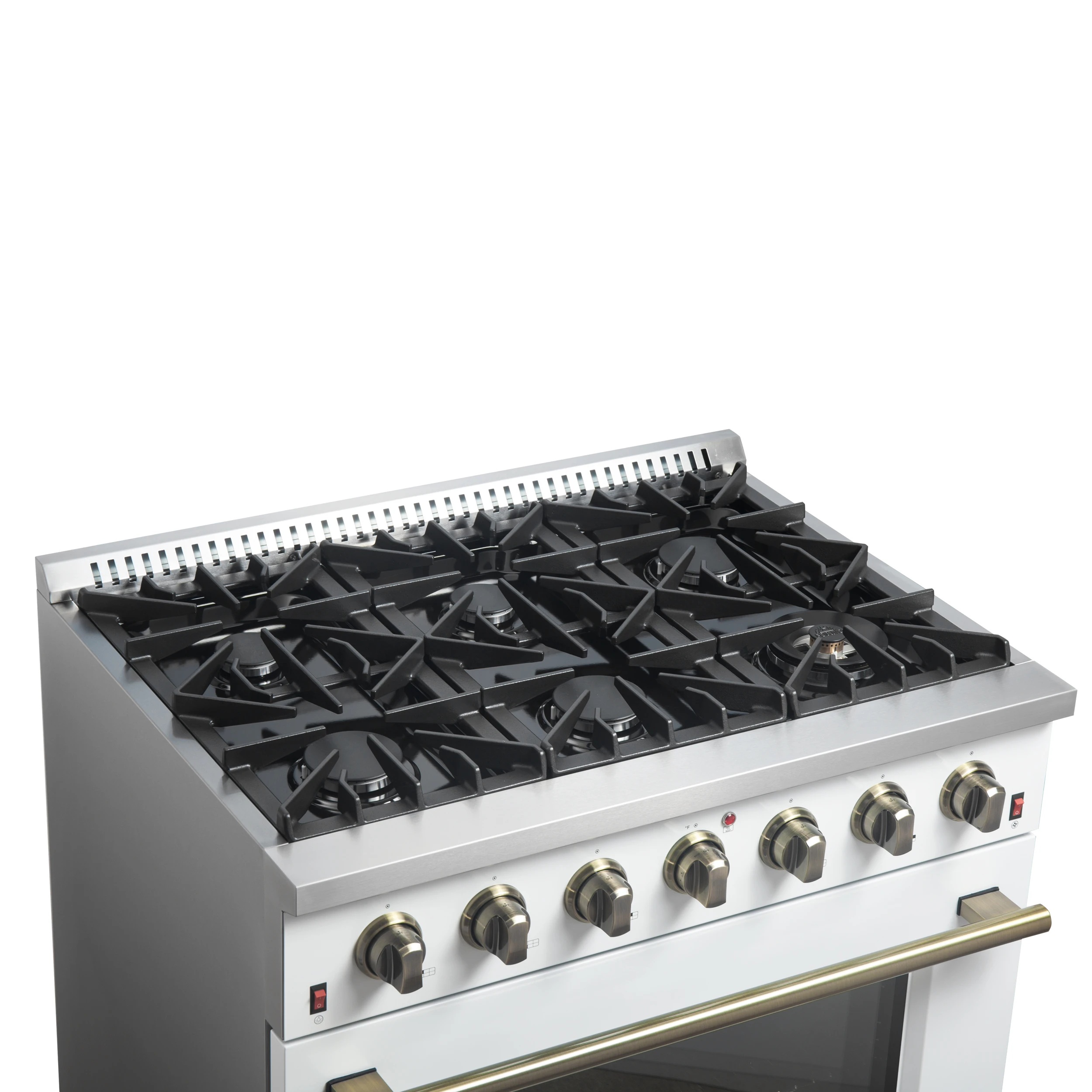 Galiano 36-inch Freestanding Gas Range in White with Antique Brass Design, 6 Burners, 83,000 BTU, 5.36 cu.ft. Convection Oven FFSGS624436WHT