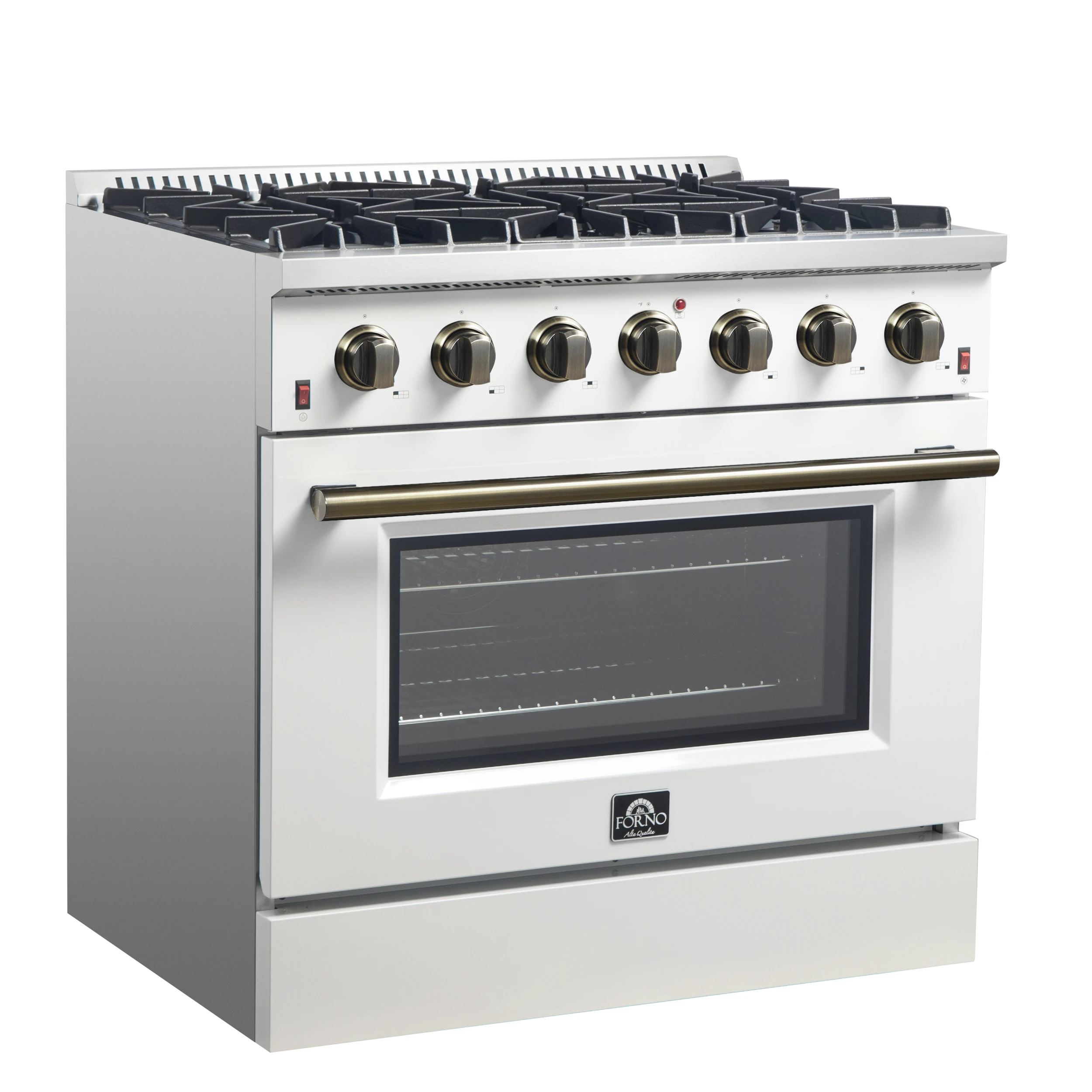 Galiano 36-inch Freestanding Gas Range in White with Antique Brass Design, 6 Burners, 83,000 BTU, 5.36 cu.ft. Convection Oven FFSGS624436WHT