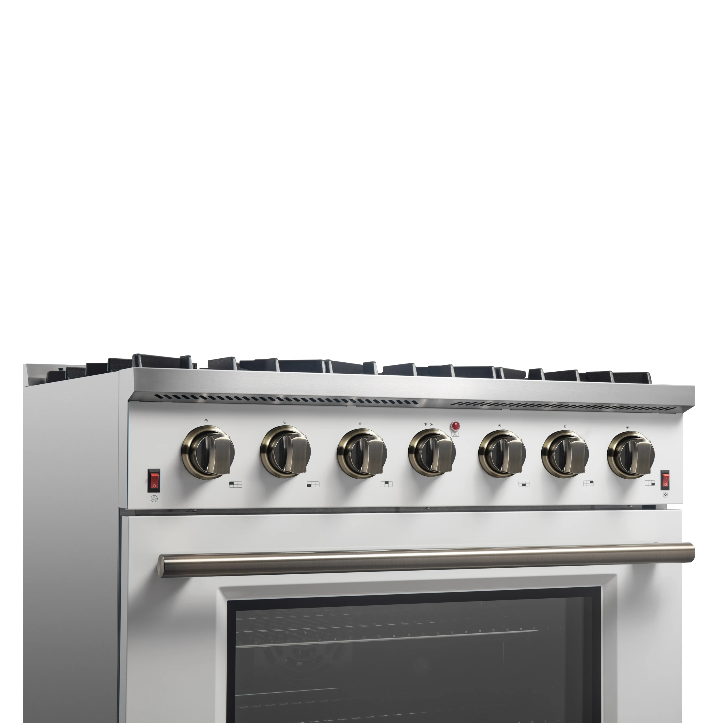Galiano 36-inch Freestanding Gas Range in White with Antique Brass Design, 6 Burners, 83,000 BTU, 5.36 cu.ft. Convection Oven FFSGS624436WHT