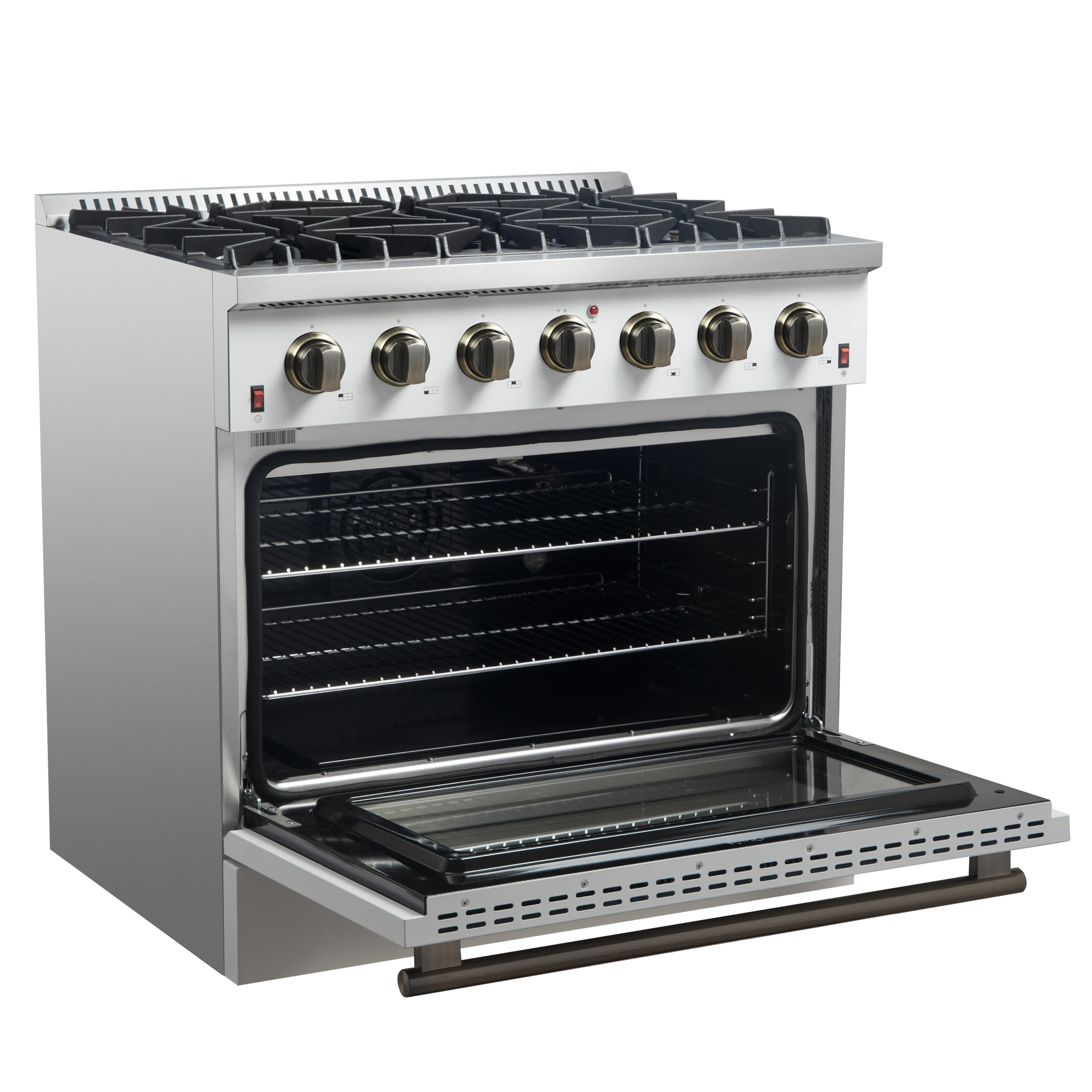 Galiano 36-inch Freestanding Gas Range in White with Antique Brass Design, 6 Burners, 83,000 BTU, 5.36 cu.ft. Convection Oven FFSGS624436WHT