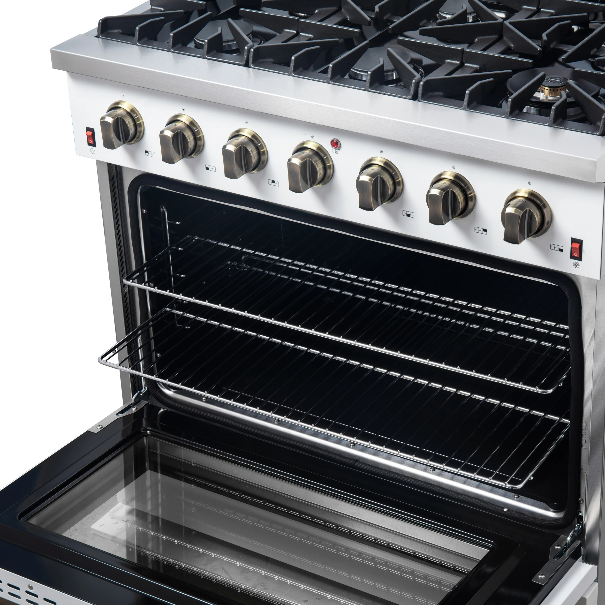 Galiano 36-inch Freestanding Gas Range in White with Antique Brass Design, 6 Burners, 83,000 BTU, 5.36 cu.ft. Convection Oven FFSGS624436WHT