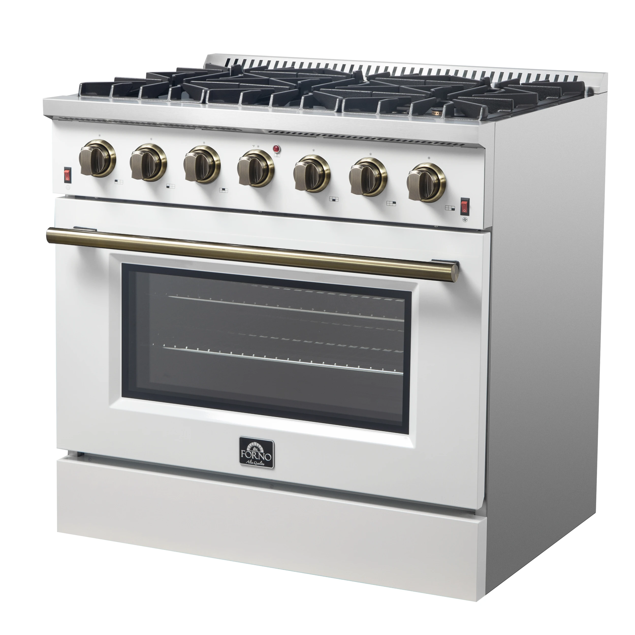 Galiano 36-inch Freestanding Gas Range in White with Antique Brass Design, 6 Burners, 83,000 BTU, 5.36 cu.ft. Convection Oven FFSGS624436WHT