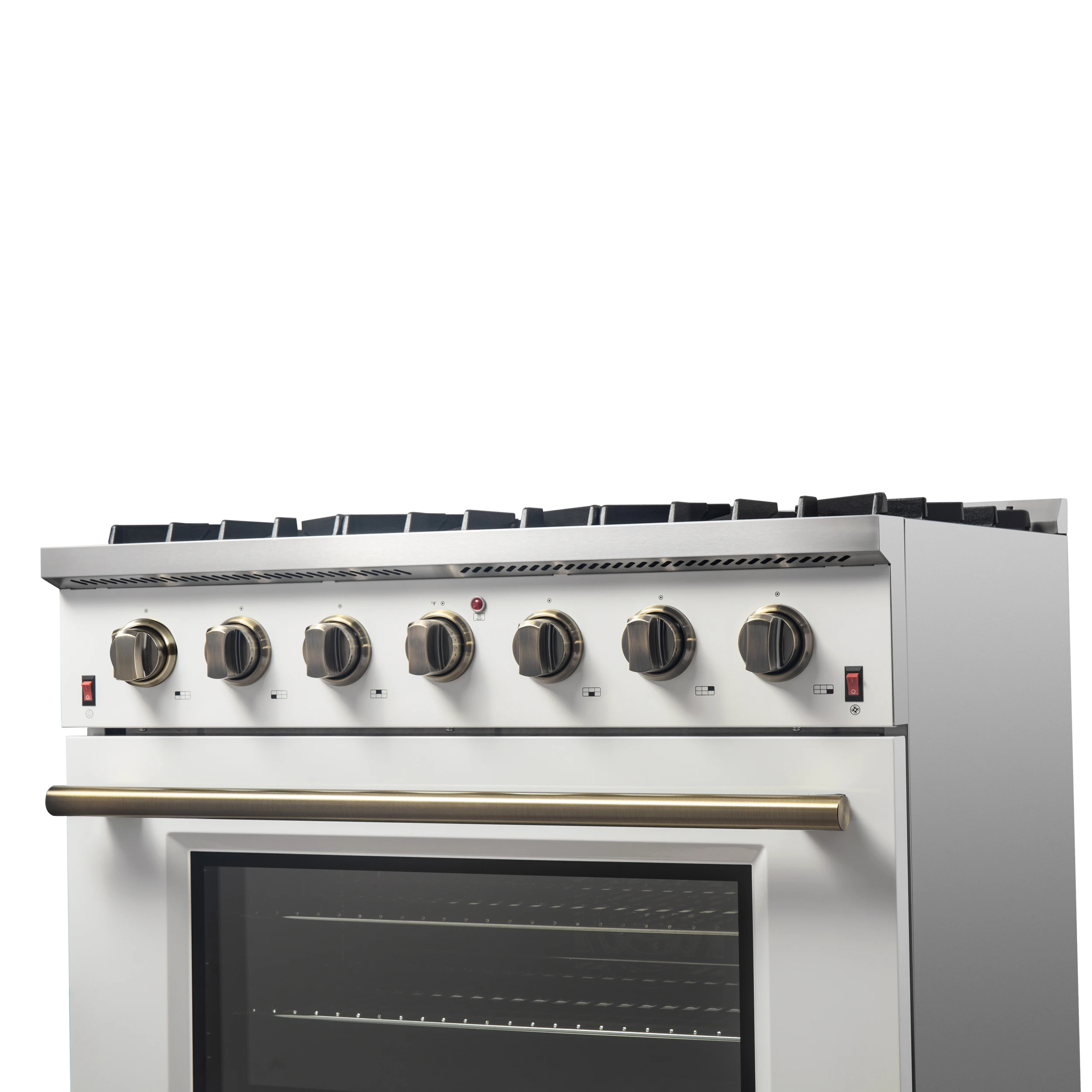 Galiano 36-inch Freestanding Gas Range in White with Antique Brass Design, 6 Burners, 83,000 BTU, 5.36 cu.ft. Convection Oven FFSGS624436WHT