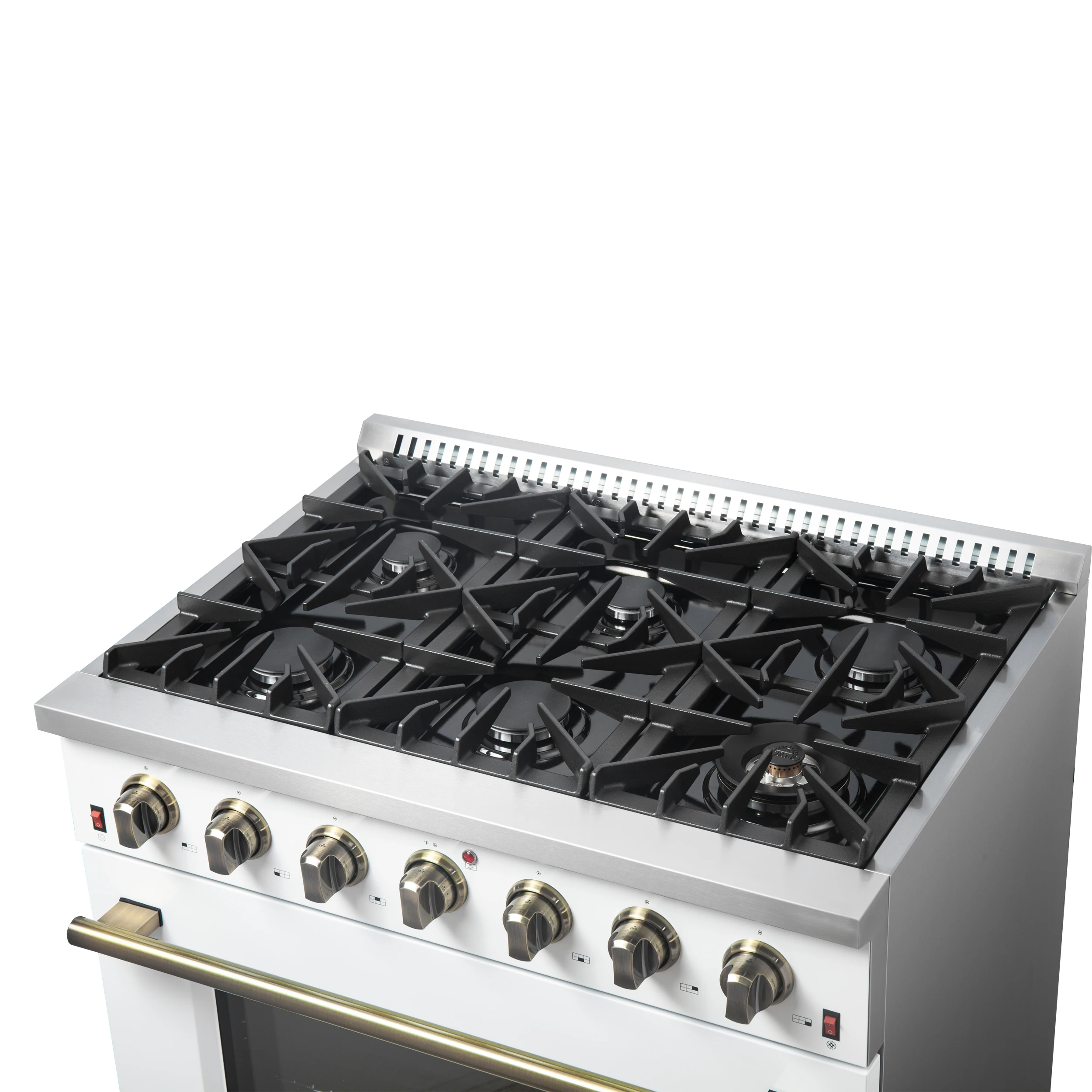 Galiano 36-inch Freestanding Gas Range in White with Antique Brass Design, 6 Burners, 83,000 BTU, 5.36 cu.ft. Convection Oven FFSGS624436WHT
