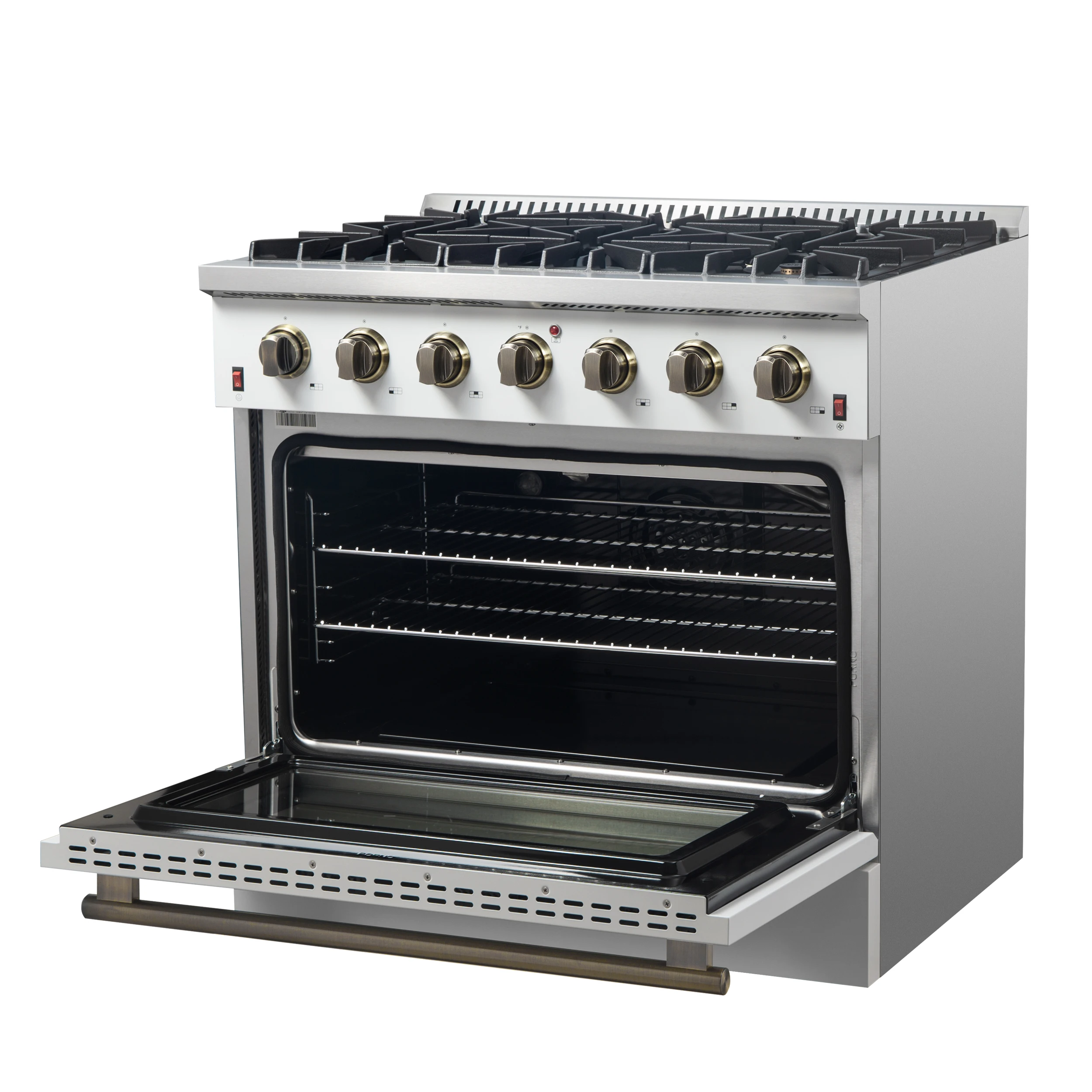 Galiano 36-inch Freestanding Gas Range in White with Antique Brass Design, 6 Burners, 83,000 BTU, 5.36 cu.ft. Convection Oven FFSGS624436WHT
