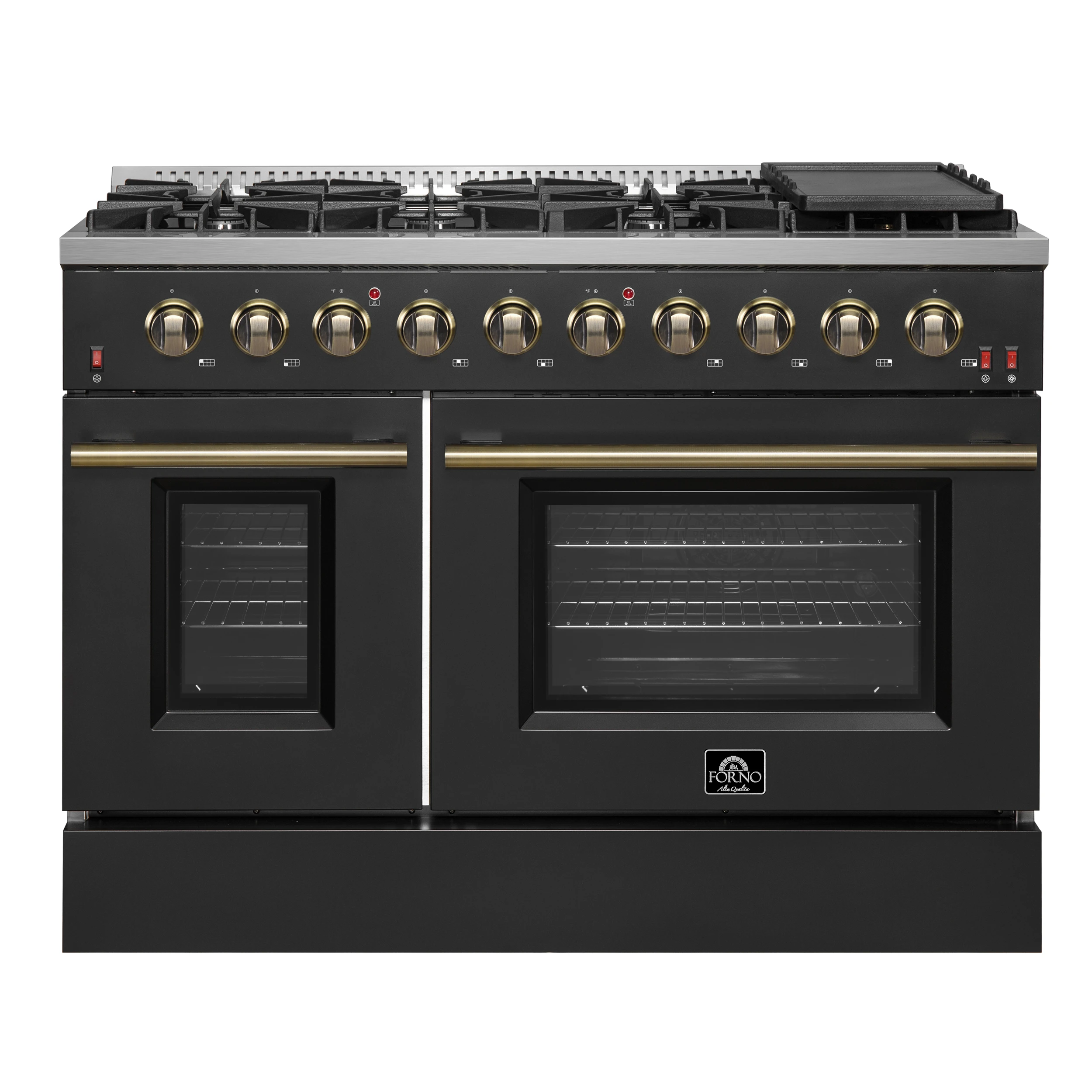 Galiano 48-inch Gas Range Black & Antique Brass Design, 8 Burners, 107,000 BTU, Griddle, 6.58 cu.ft. Double Ovens FFSGS624448BLK