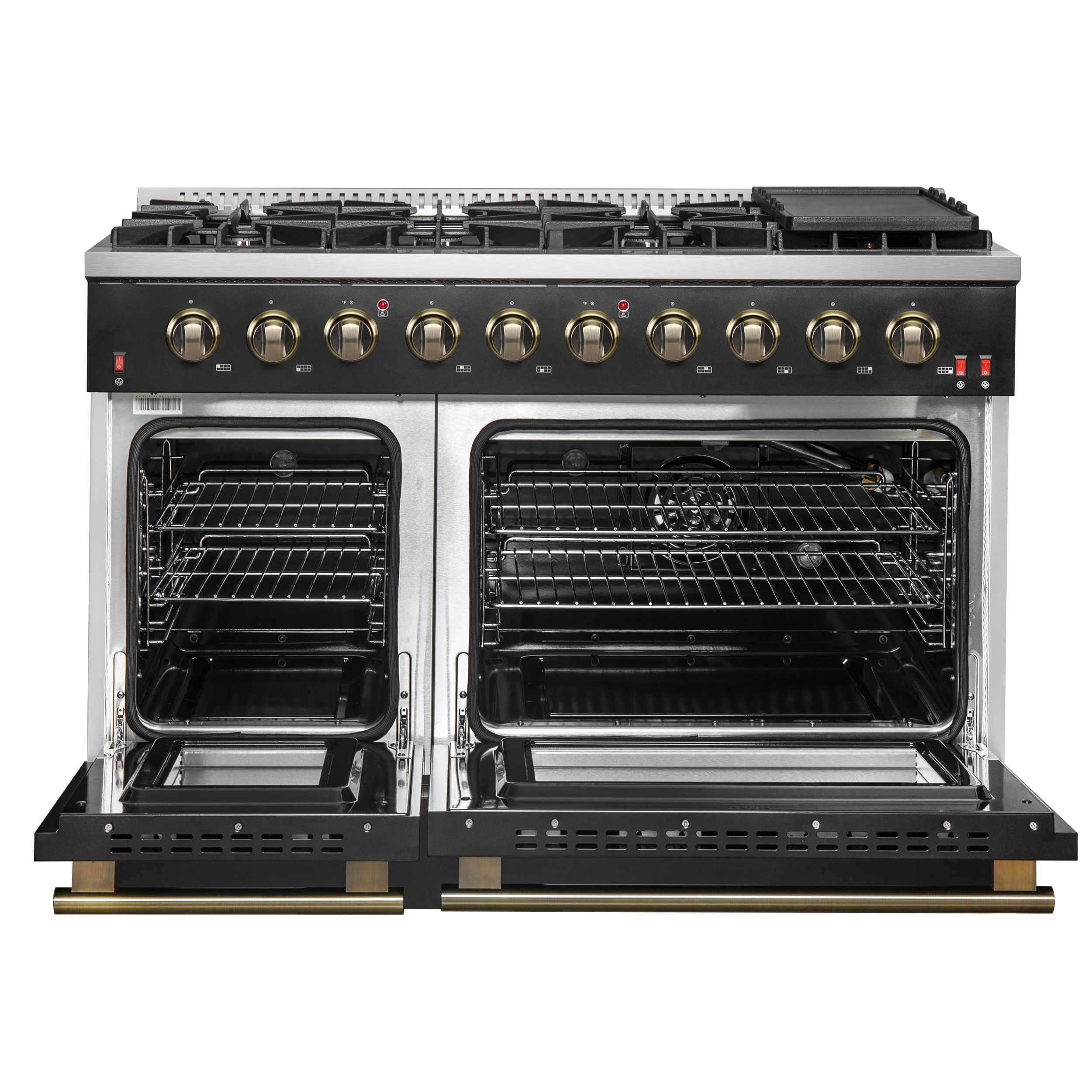 Galiano 48-inch Gas Range Black & Antique Brass Design, 8 Burners, 107,000 BTU, Griddle, 6.58 cu.ft. Double Ovens FFSGS624448BLK