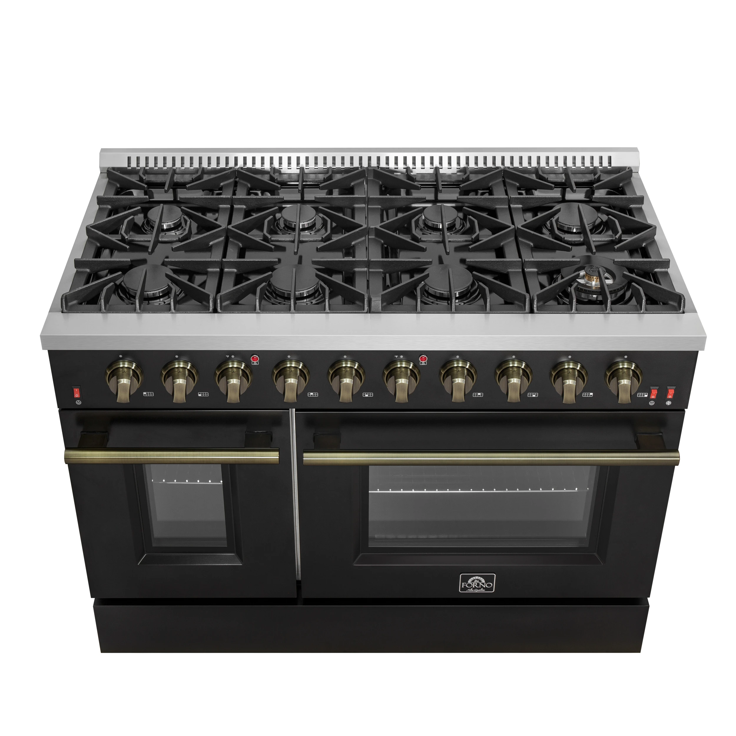 Galiano 48-inch Gas Range Black & Antique Brass Design, 8 Burners, 107,000 BTU, Griddle, 6.58 cu.ft. Double Ovens FFSGS624448BLK