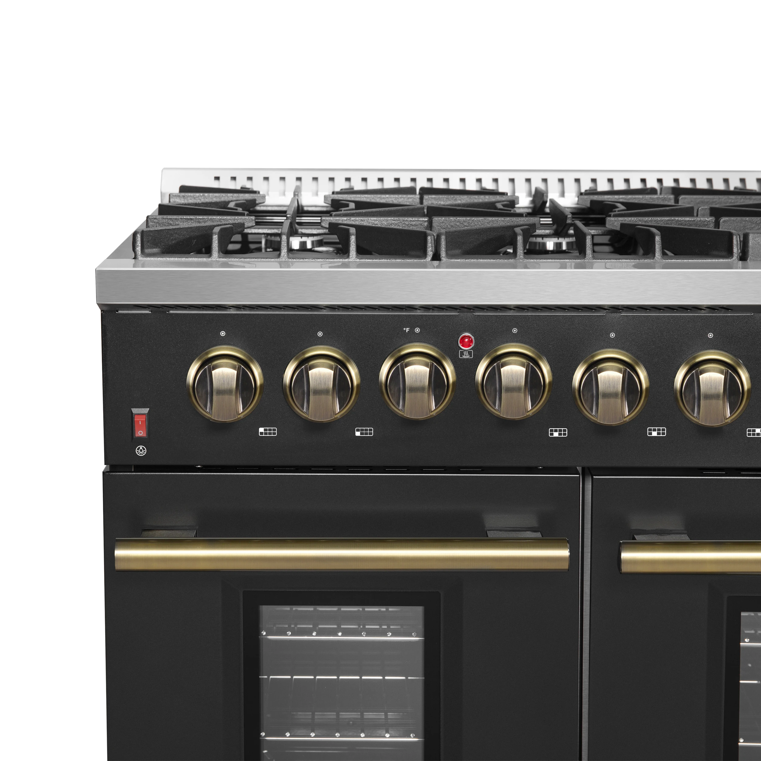 Galiano 48-inch Gas Range Black & Antique Brass Design, 8 Burners, 107,000 BTU, Griddle, 6.58 cu.ft. Double Ovens FFSGS624448BLK