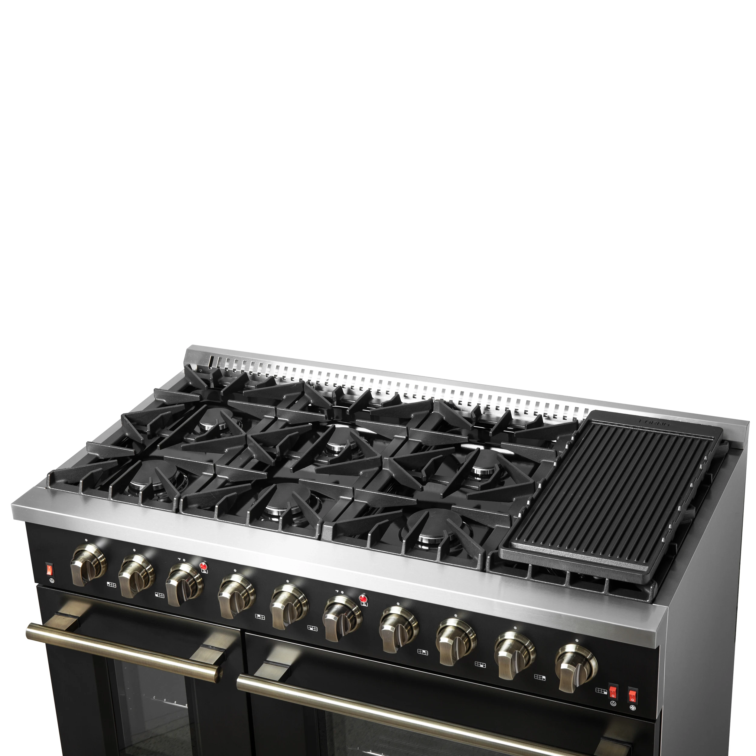 Galiano 48-inch Gas Range Black & Antique Brass Design, 8 Burners, 107,000 BTU, Griddle, 6.58 cu.ft. Double Ovens FFSGS624448BLK