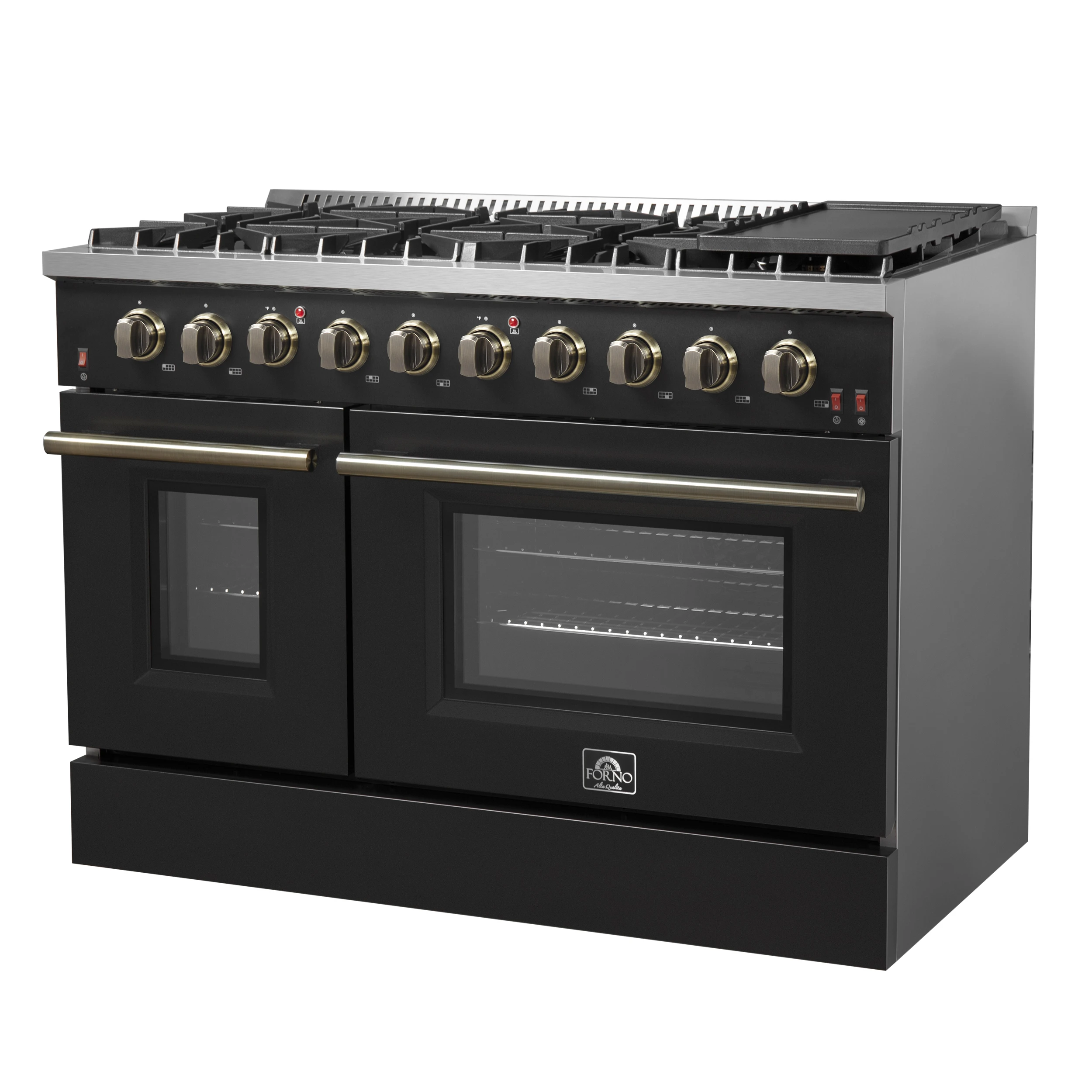 Galiano 48-inch Gas Range Black & Antique Brass Design, 8 Burners, 107,000 BTU, Griddle, 6.58 cu.ft. Double Ovens FFSGS624448BLK