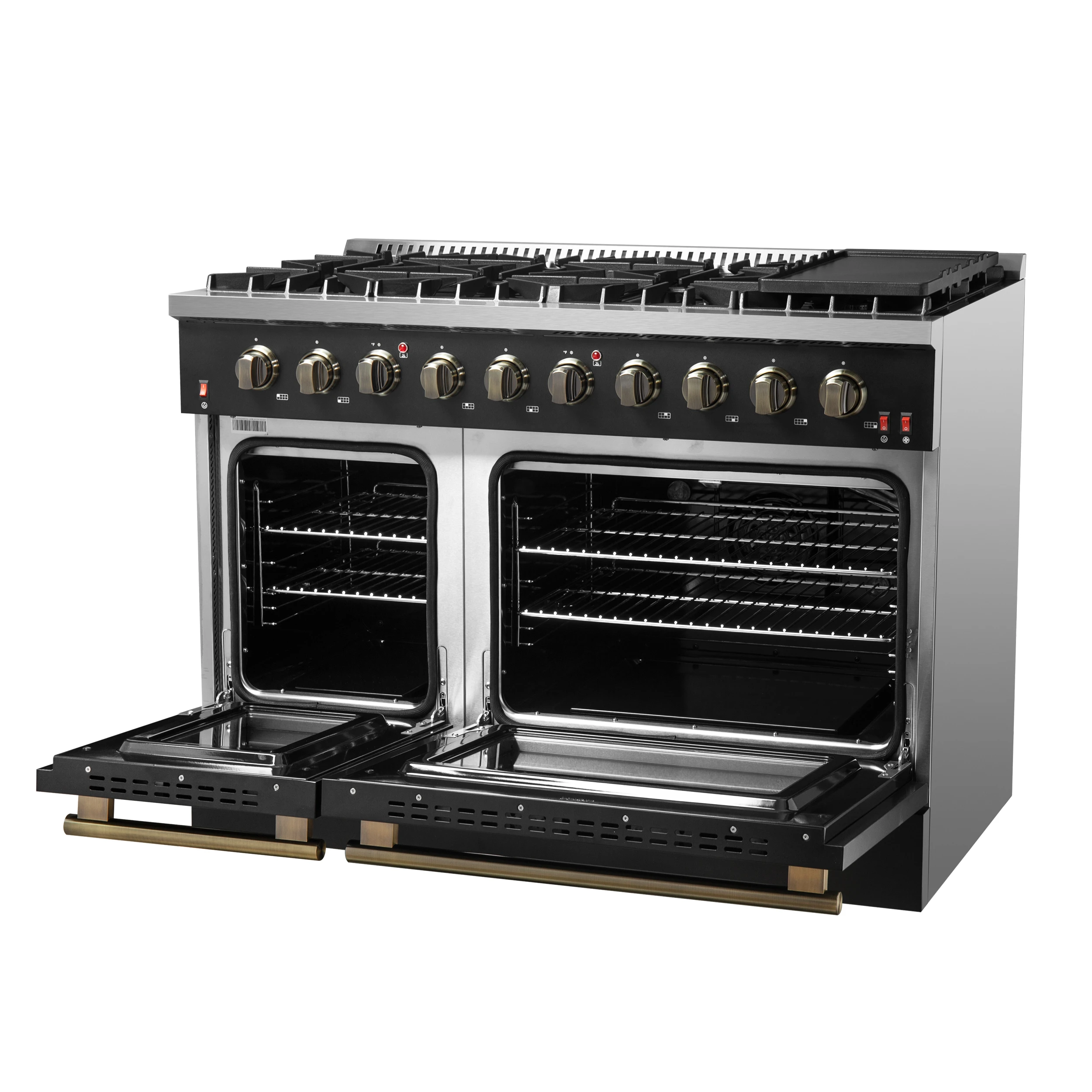 Galiano 48-inch Gas Range Black & Antique Brass Design, 8 Burners, 107,000 BTU, Griddle, 6.58 cu.ft. Double Ovens FFSGS624448BLK