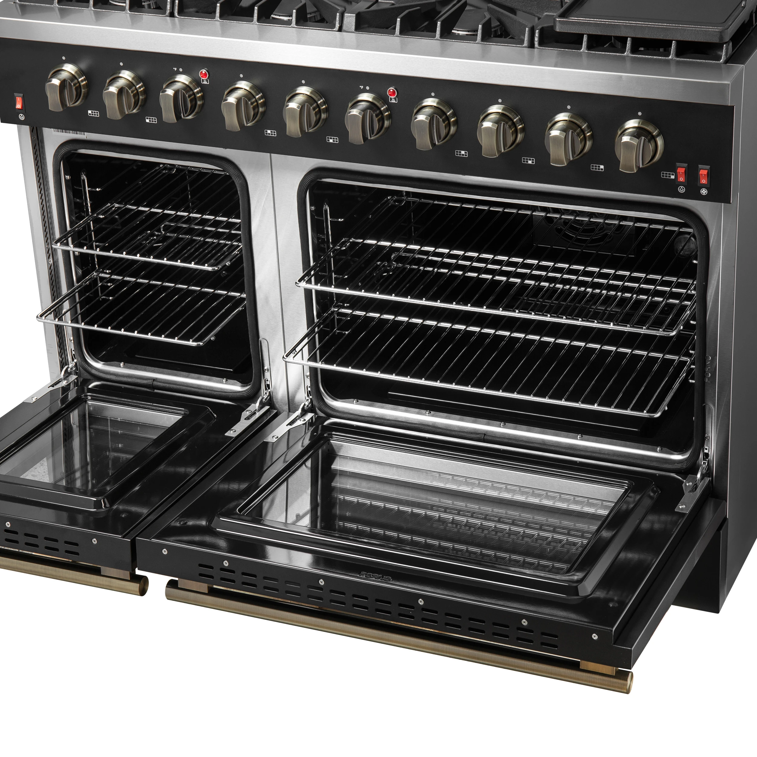 Galiano 48-inch Gas Range Black & Antique Brass Design, 8 Burners, 107,000 BTU, Griddle, 6.58 cu.ft. Double Ovens FFSGS624448BLK