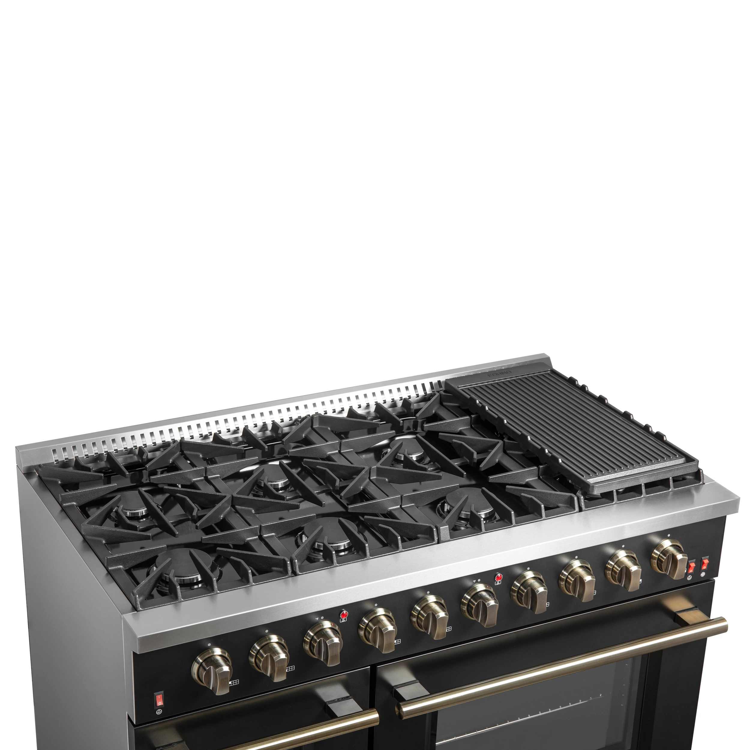 Galiano 48-inch Gas Range Black & Antique Brass Design, 8 Burners, 107,000 BTU, Griddle, 6.58 cu.ft. Double Ovens FFSGS624448BLK