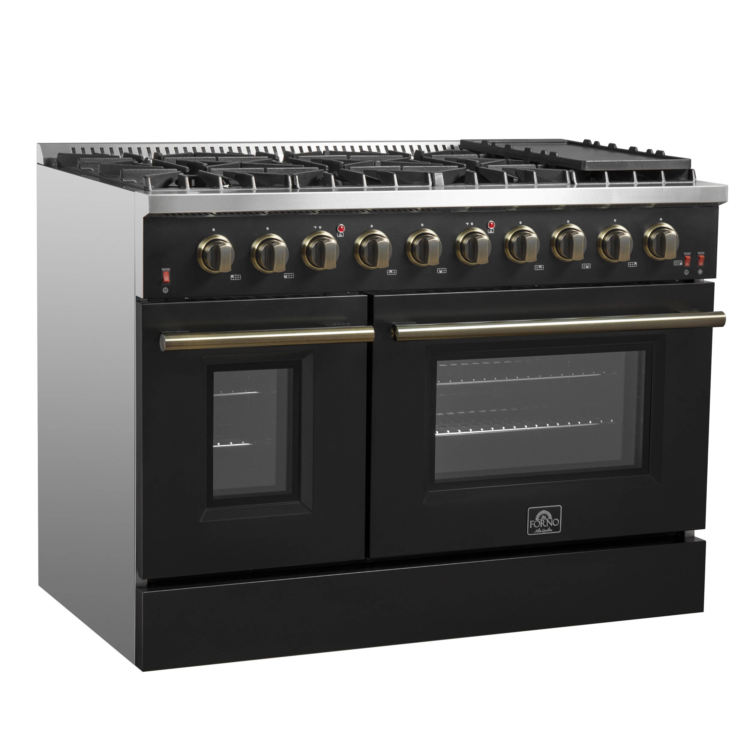 Galiano 48-inch Gas Range Black & Antique Brass Design, 8 Burners, 107,000 BTU, Griddle, 6.58 cu.ft. Double Ovens FFSGS624448BLK