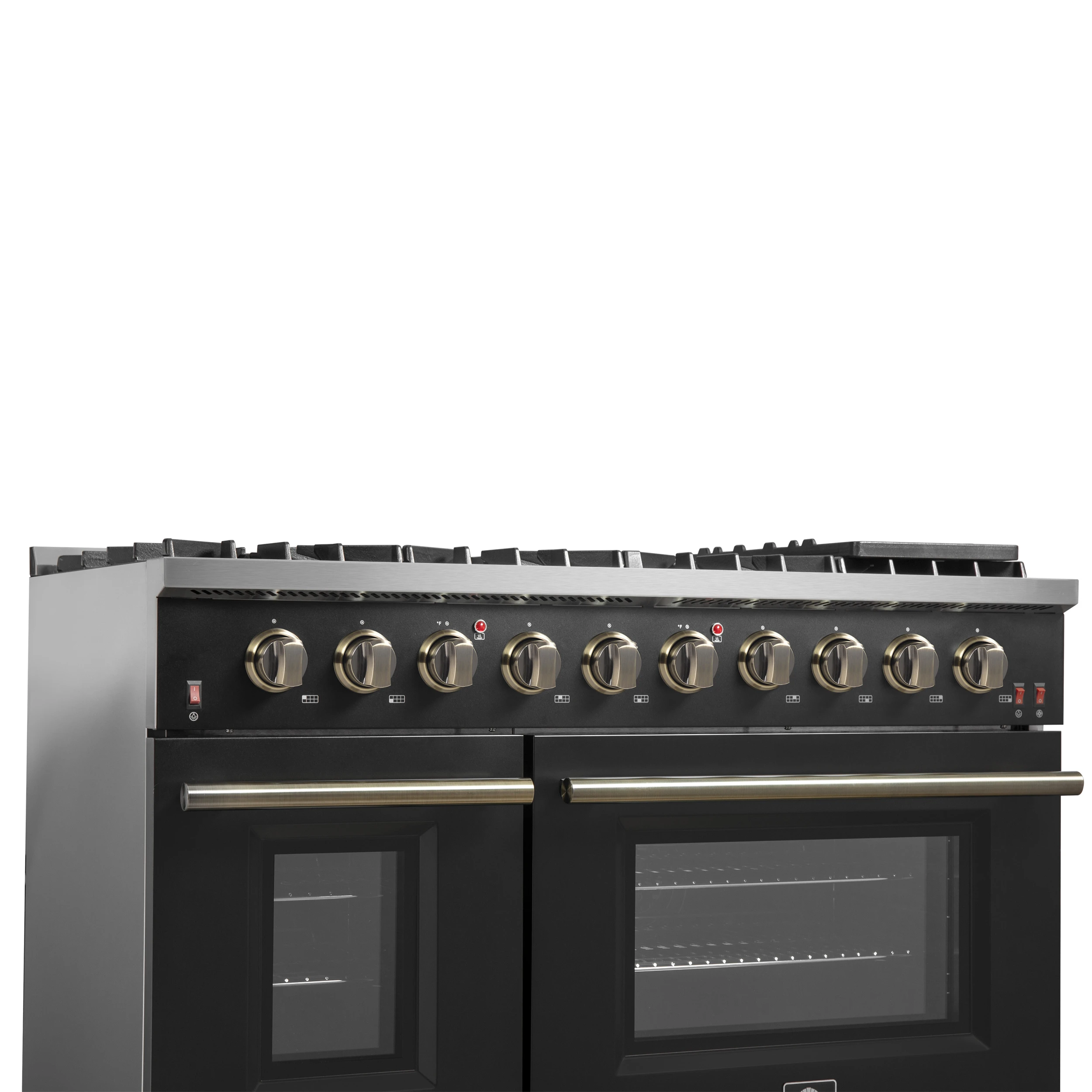 Galiano 48-inch Gas Range Black & Antique Brass Design, 8 Burners, 107,000 BTU, Griddle, 6.58 cu.ft. Double Ovens FFSGS624448BLK