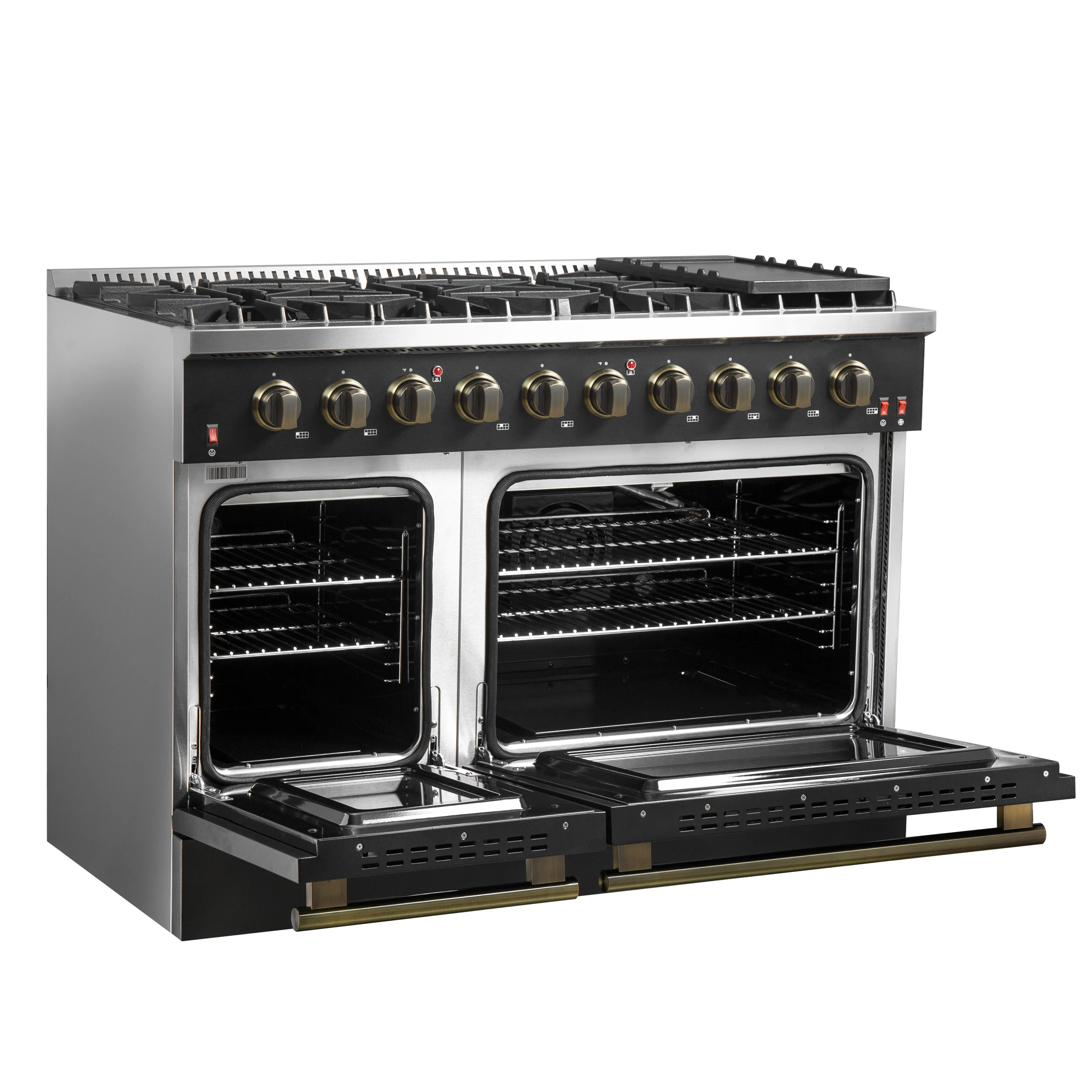 Galiano 48-inch Gas Range Black & Antique Brass Design, 8 Burners, 107,000 BTU, Griddle, 6.58 cu.ft. Double Ovens FFSGS624448BLK