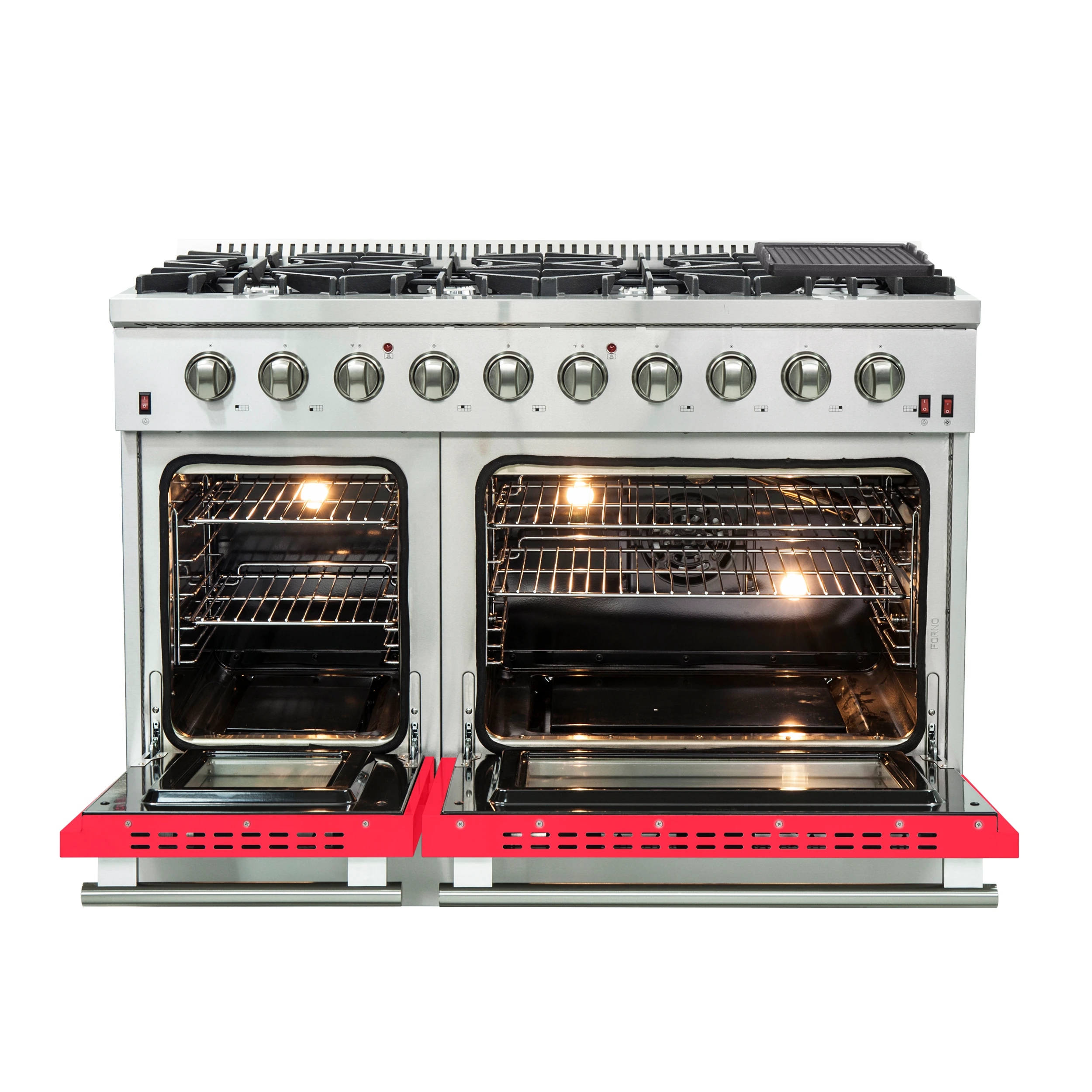 Galiano 48-Inch Freestanding Gas Range, Stainless Steel, 8 Burners, 107,000 BTU, Griddle, Double Ovens, Energy Efficient, Red Doors FFSGS624448RED