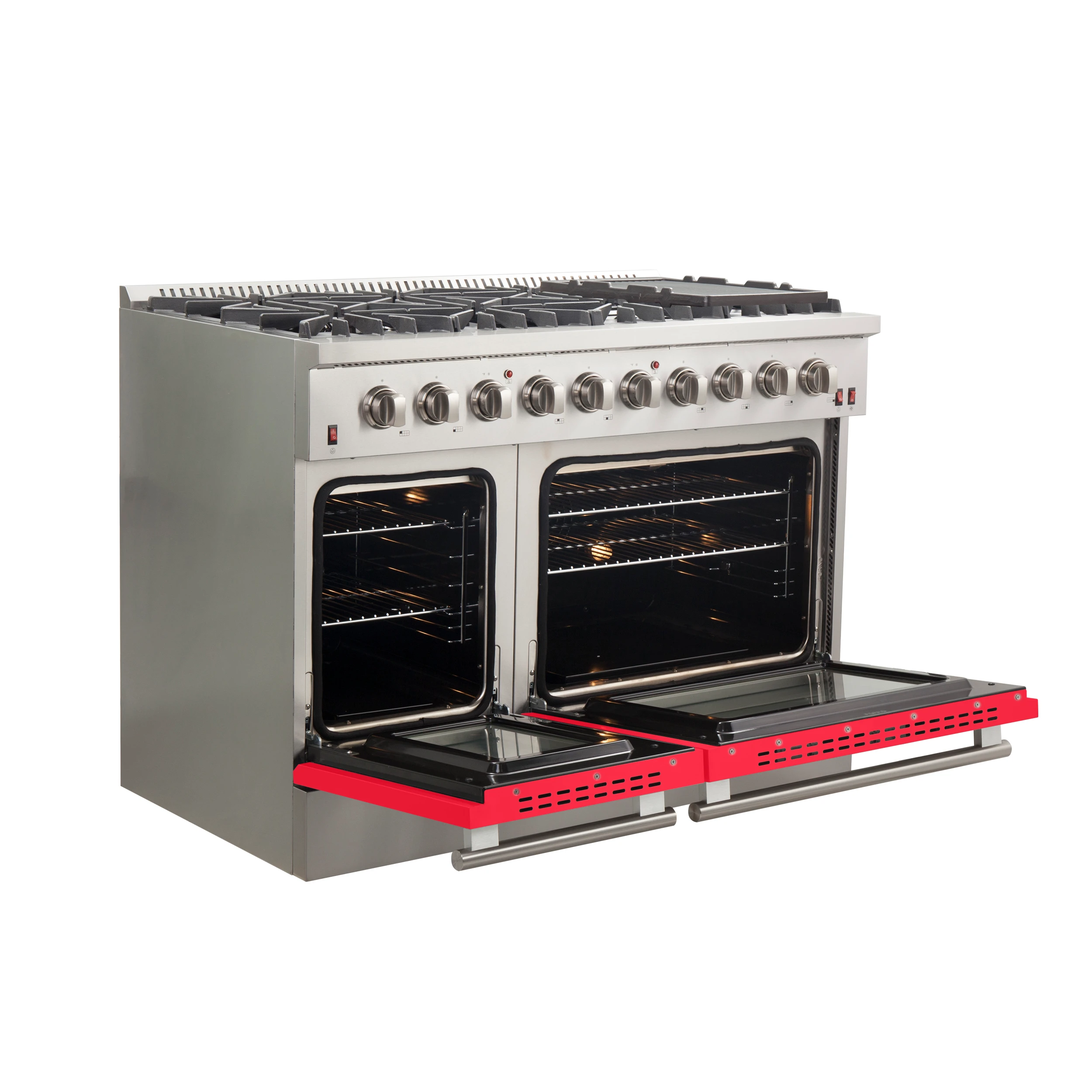 Galiano 48-Inch Freestanding Gas Range, Stainless Steel, 8 Burners, 107,000 BTU, Griddle, Double Ovens, Energy Efficient, Red Doors FFSGS624448RED