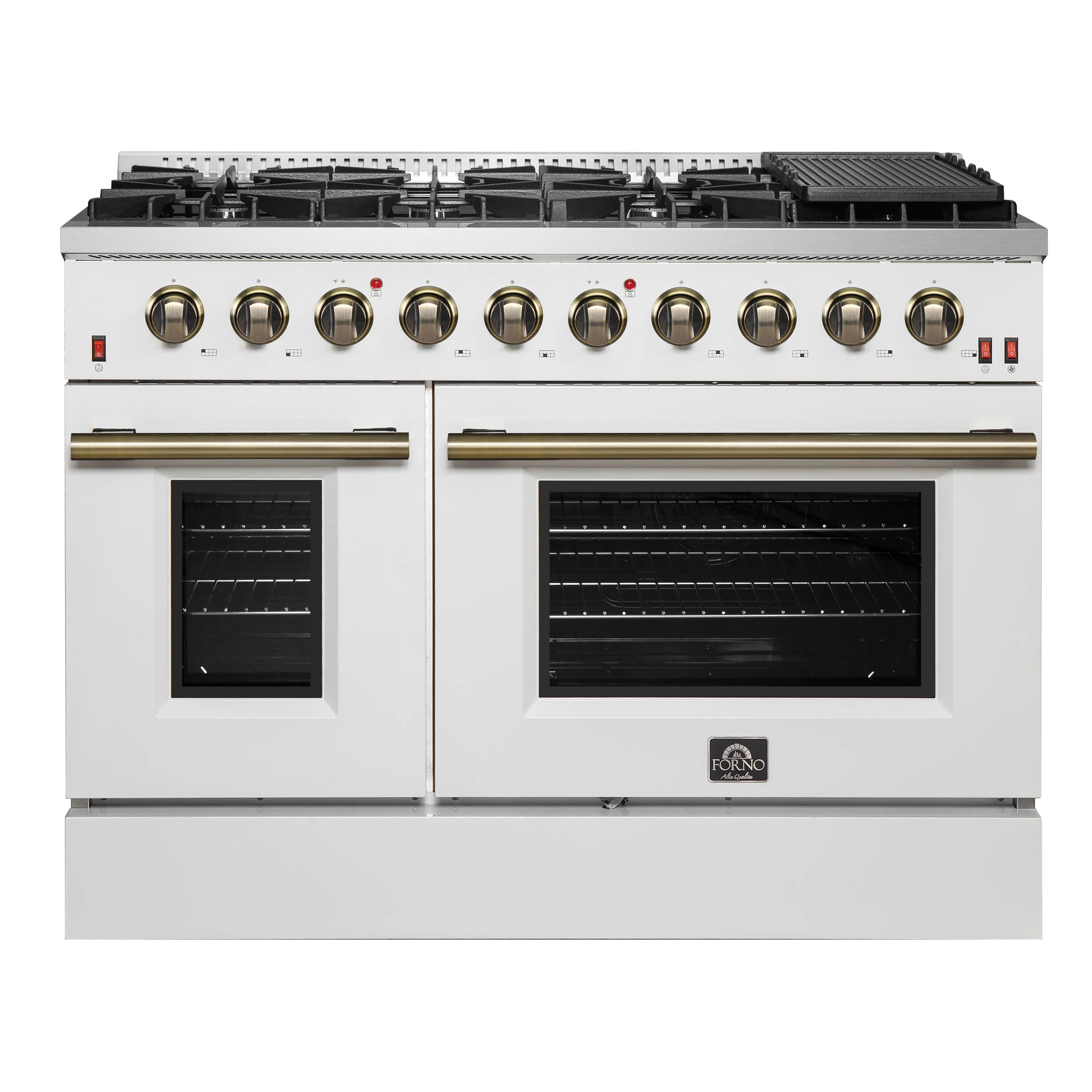 Galiano 48-inch Gas Range White & Antique Brass Design, 8 Burners, 107,000 BTU, Griddle, 6.58 cu.ft. Double Ovens FFSGS624448WHT
