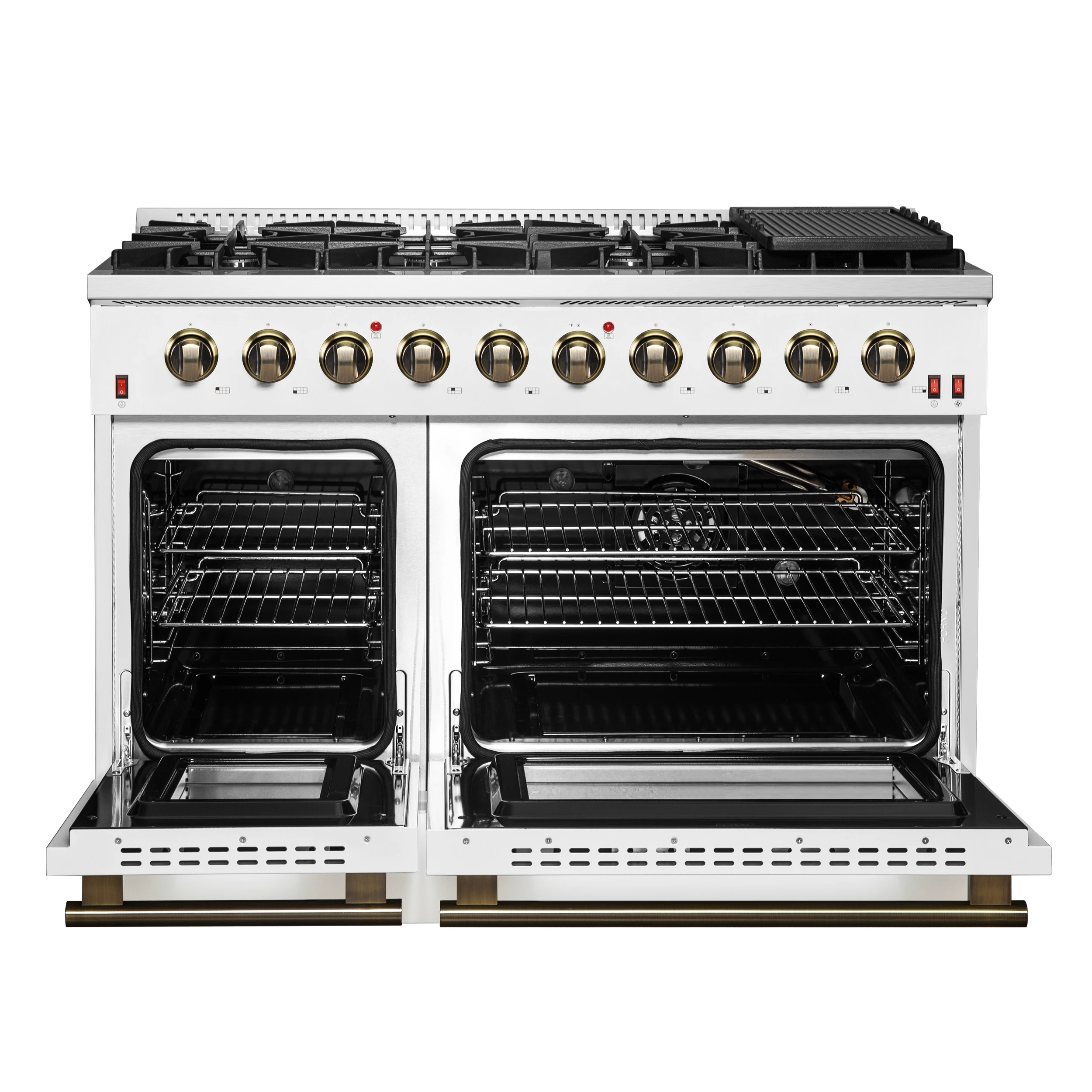 Galiano 48-inch Gas Range White & Antique Brass Design, 8 Burners, 107,000 BTU, Griddle, 6.58 cu.ft. Double Ovens FFSGS624448WHT