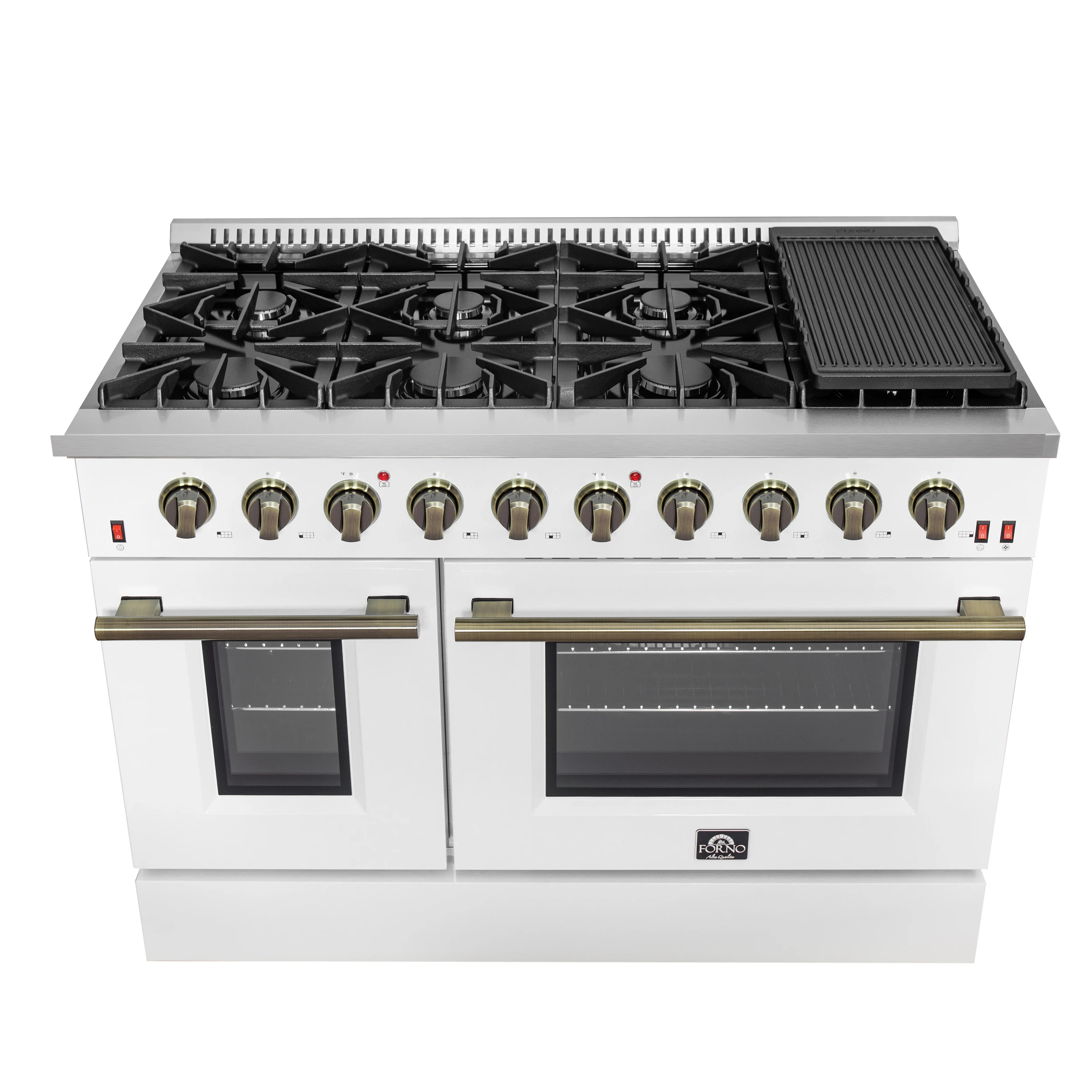 Galiano 48-inch Gas Range White & Antique Brass Design, 8 Burners, 107,000 BTU, Griddle, 6.58 cu.ft. Double Ovens FFSGS624448WHT