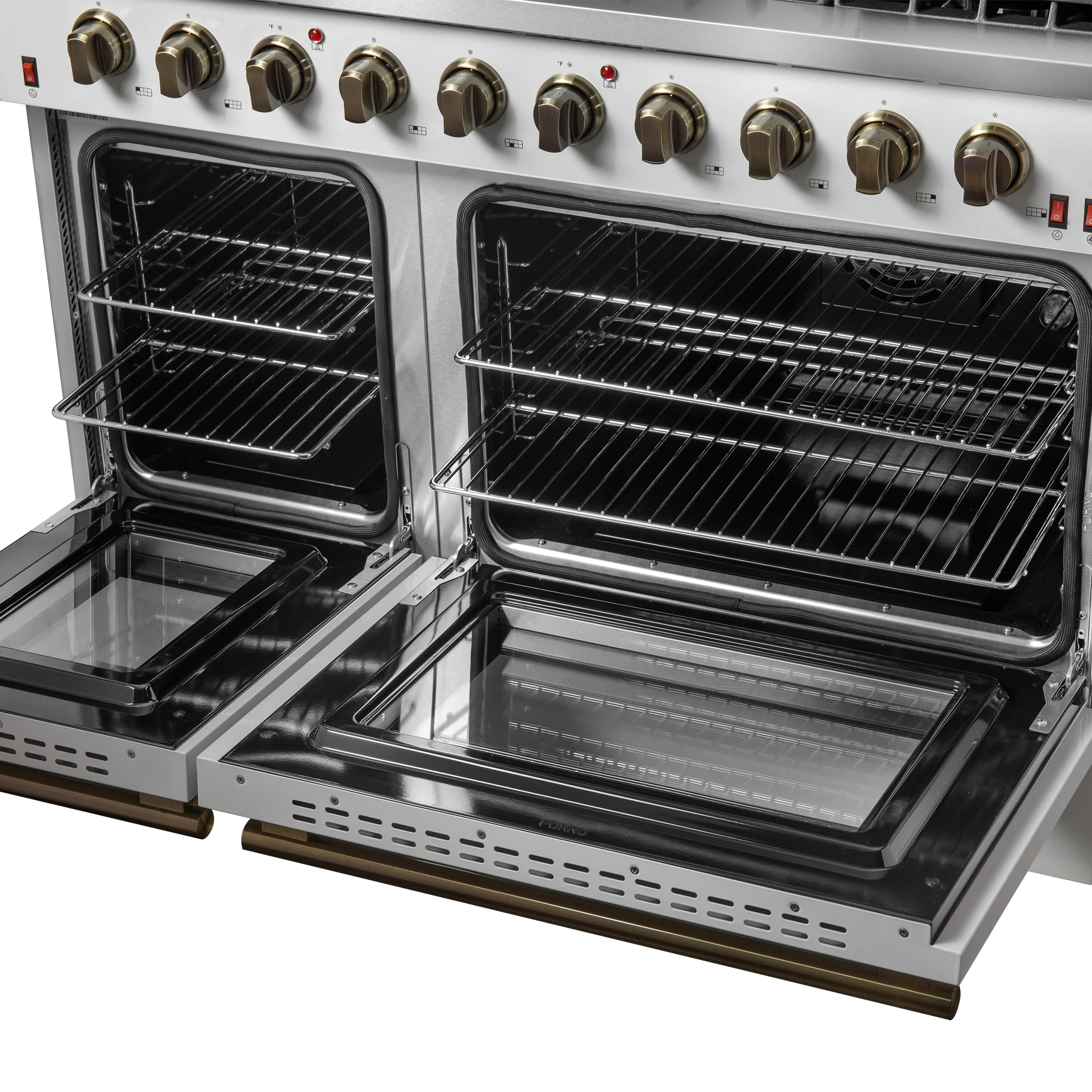 Galiano 48-inch Gas Range White & Antique Brass Design, 8 Burners, 107,000 BTU, Griddle, 6.58 cu.ft. Double Ovens FFSGS624448WHT