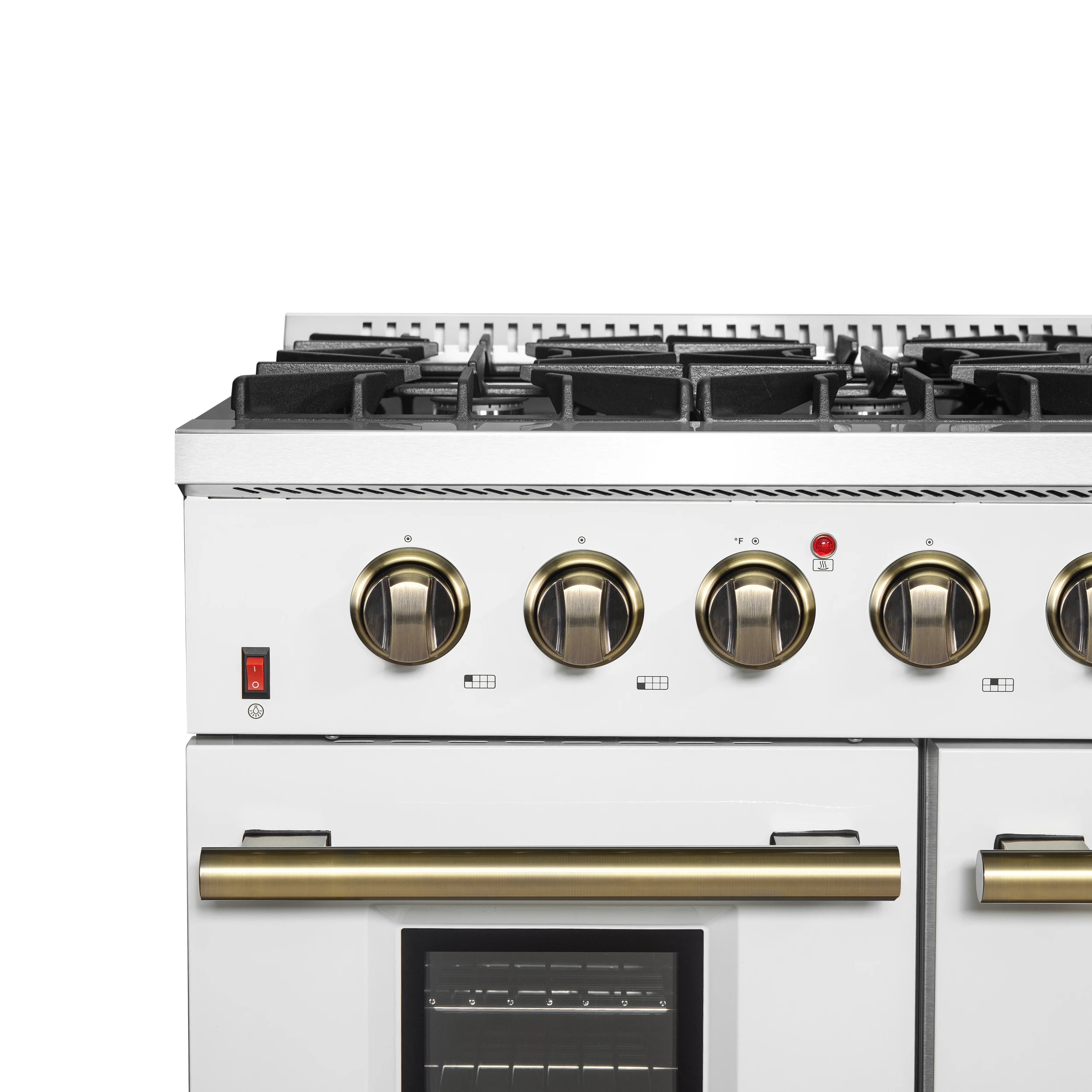 Galiano 48-inch Gas Range White & Antique Brass Design, 8 Burners, 107,000 BTU, Griddle, 6.58 cu.ft. Double Ovens FFSGS624448WHT