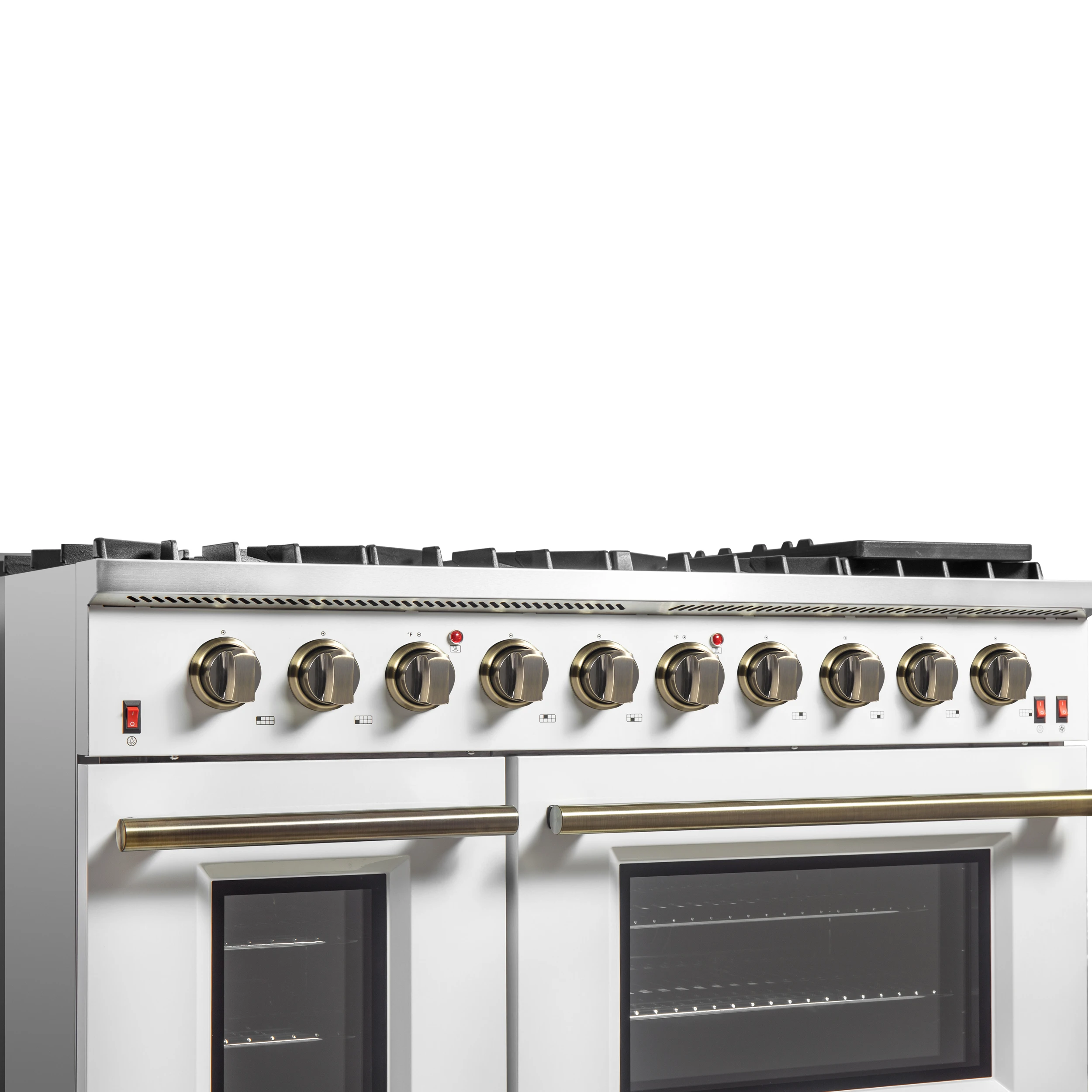Galiano 48-inch Gas Range White & Antique Brass Design, 8 Burners, 107,000 BTU, Griddle, 6.58 cu.ft. Double Ovens FFSGS624448WHT