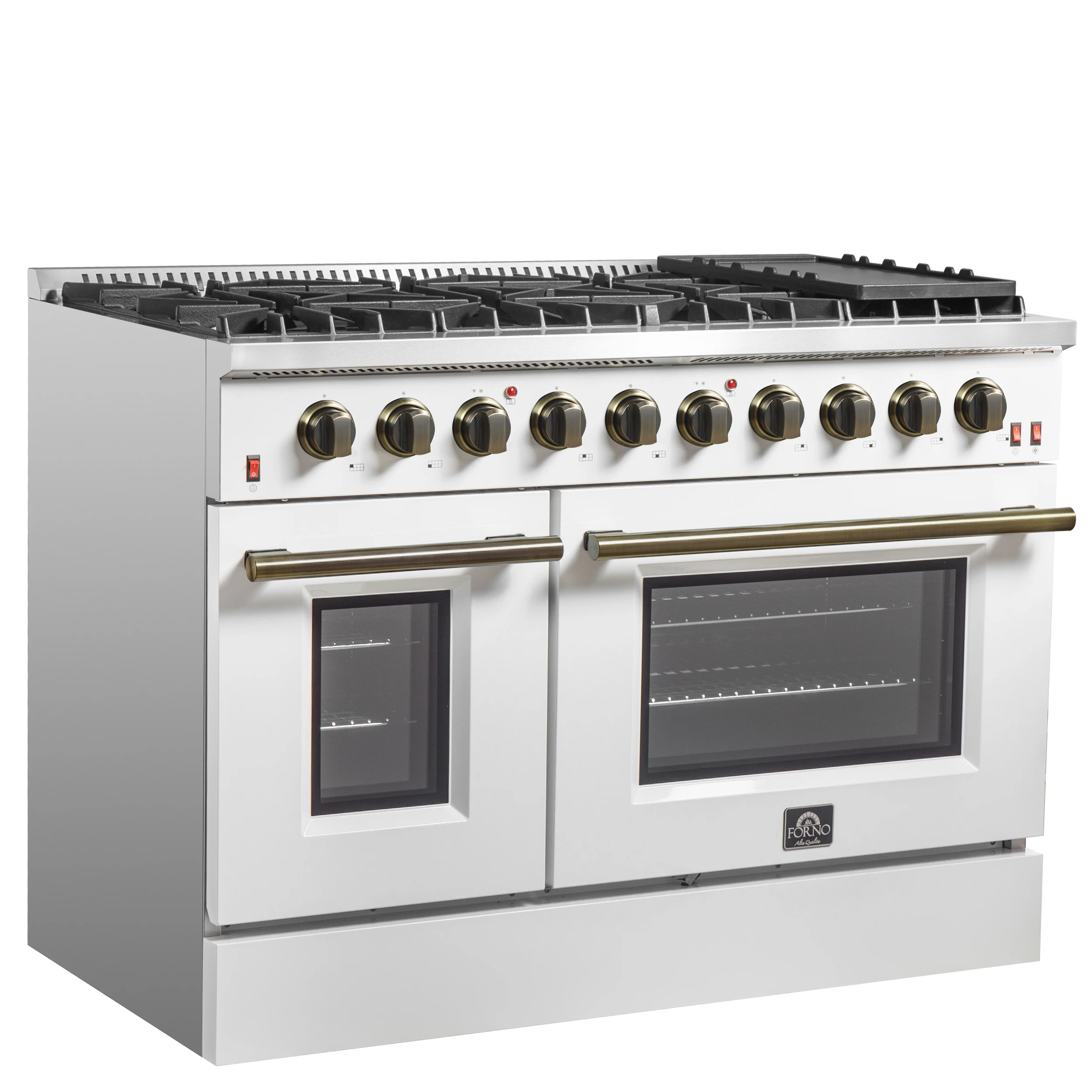 Galiano 48-inch Gas Range White & Antique Brass Design, 8 Burners, 107,000 BTU, Griddle, 6.58 cu.ft. Double Ovens FFSGS624448WHT