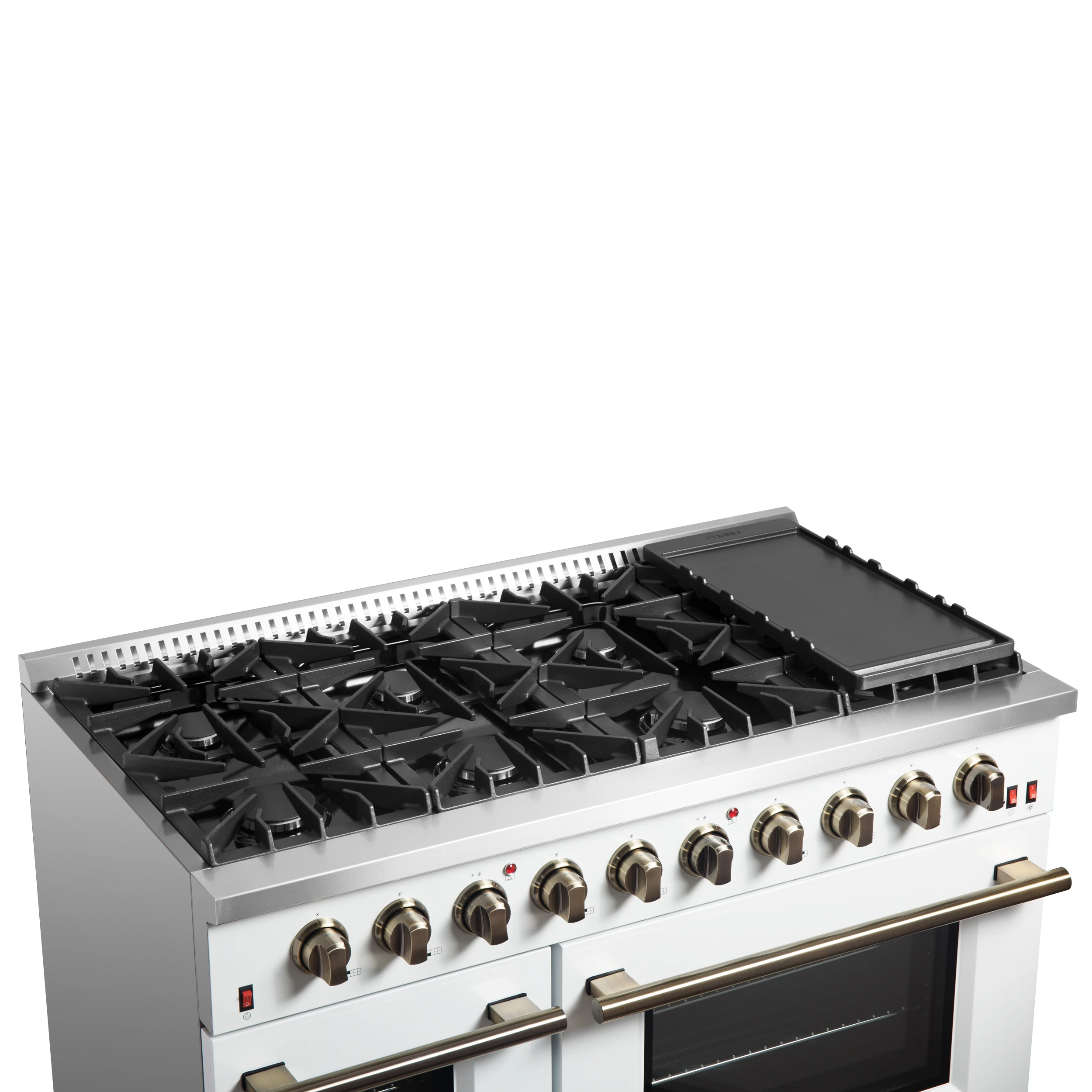 Galiano 48-inch Gas Range White & Antique Brass Design, 8 Burners, 107,000 BTU, Griddle, 6.58 cu.ft. Double Ovens FFSGS624448WHT