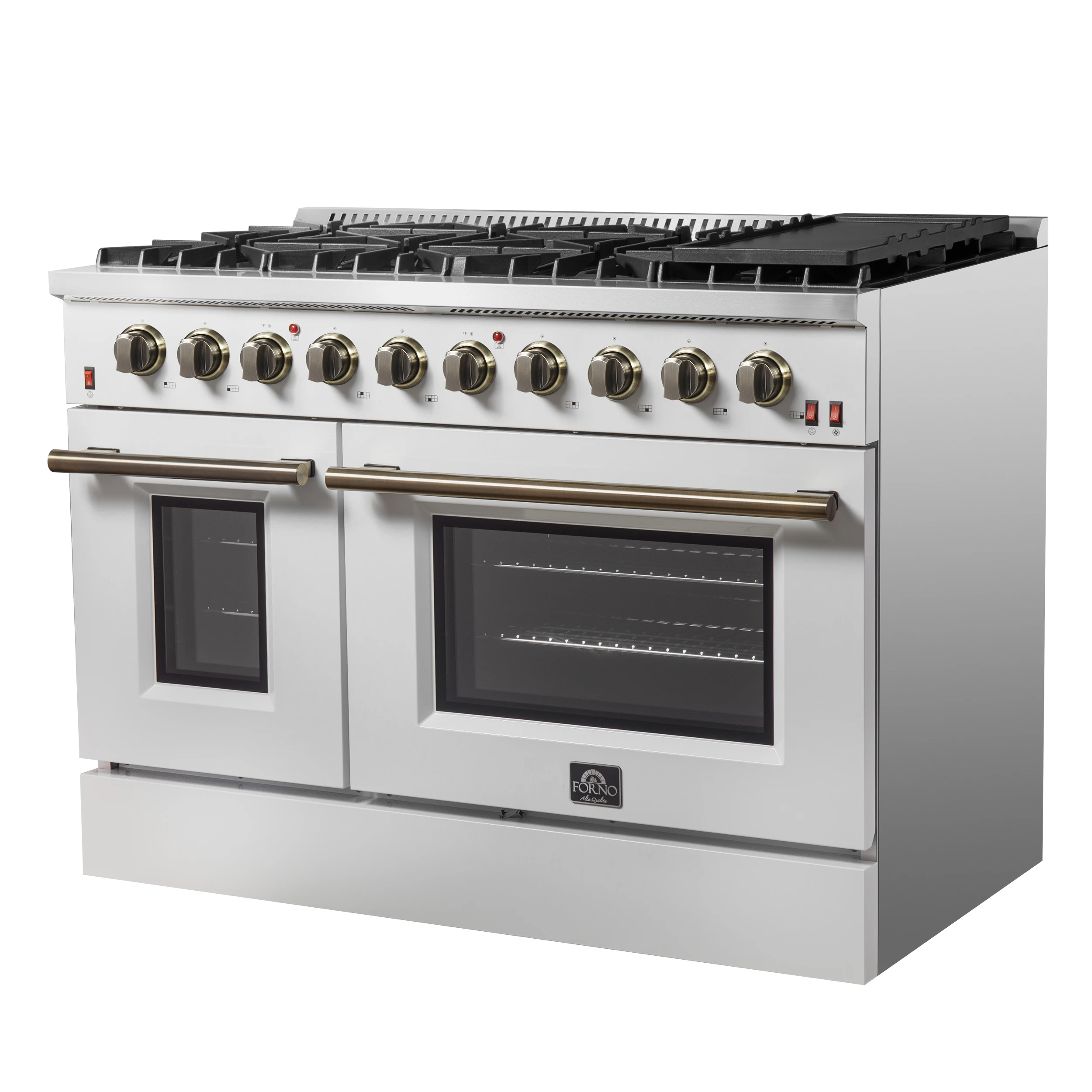 Galiano 48-inch Gas Range White & Antique Brass Design, 8 Burners, 107,000 BTU, Griddle, 6.58 cu.ft. Double Ovens FFSGS624448WHT