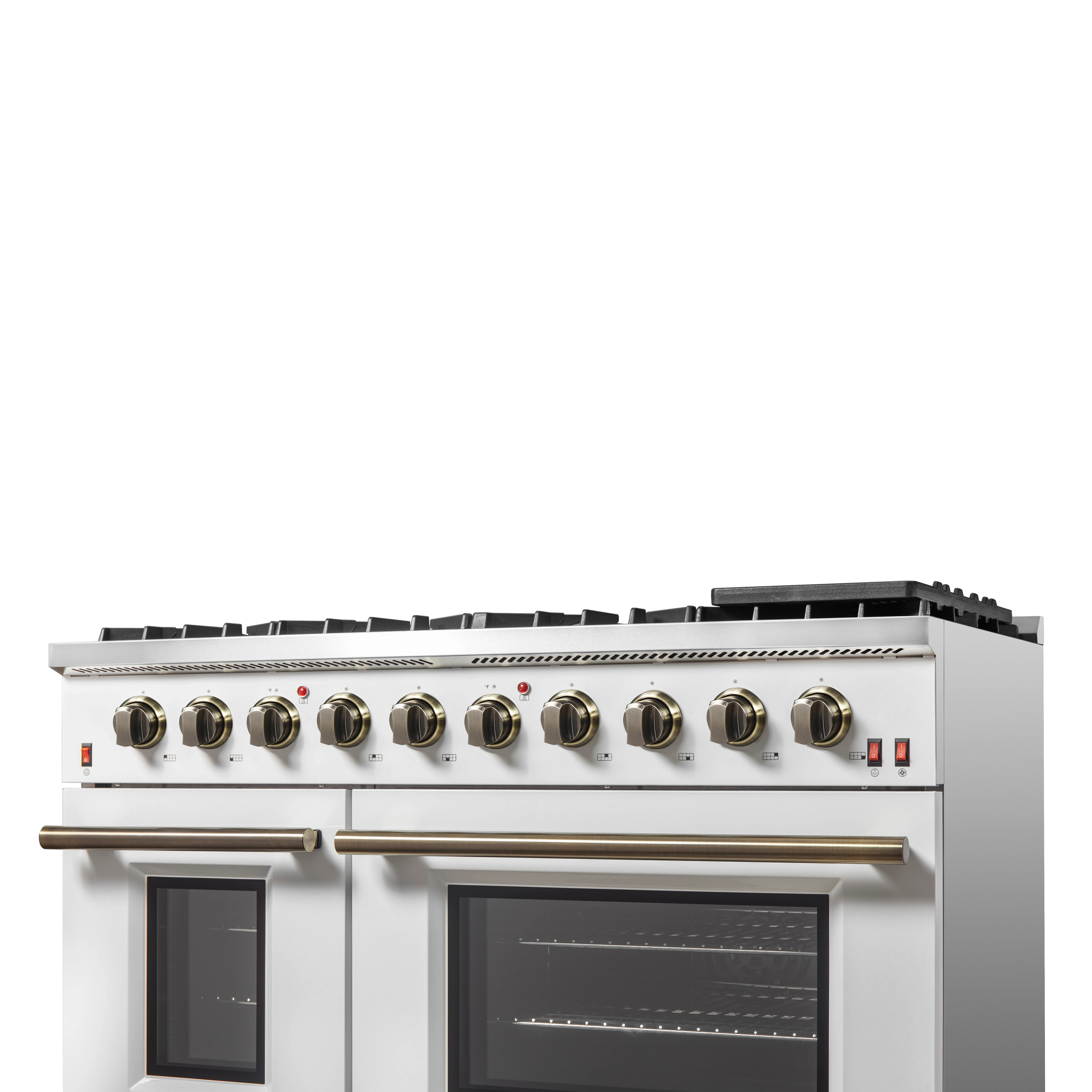 Galiano 48-inch Gas Range White & Antique Brass Design, 8 Burners, 107,000 BTU, Griddle, 6.58 cu.ft. Double Ovens FFSGS624448WHT