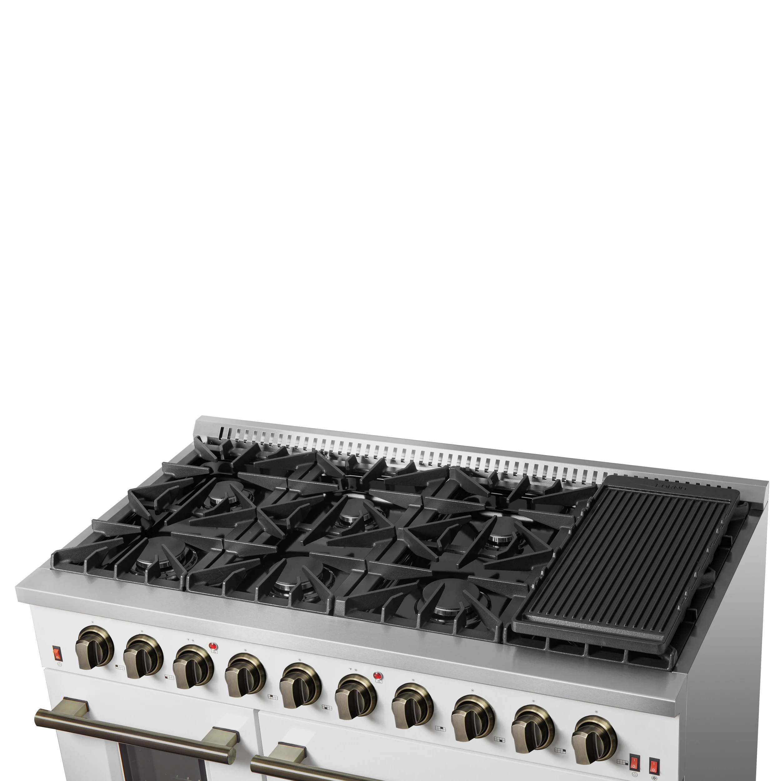 Galiano 48-inch Gas Range White & Antique Brass Design, 8 Burners, 107,000 BTU, Griddle, 6.58 cu.ft. Double Ovens FFSGS624448WHT