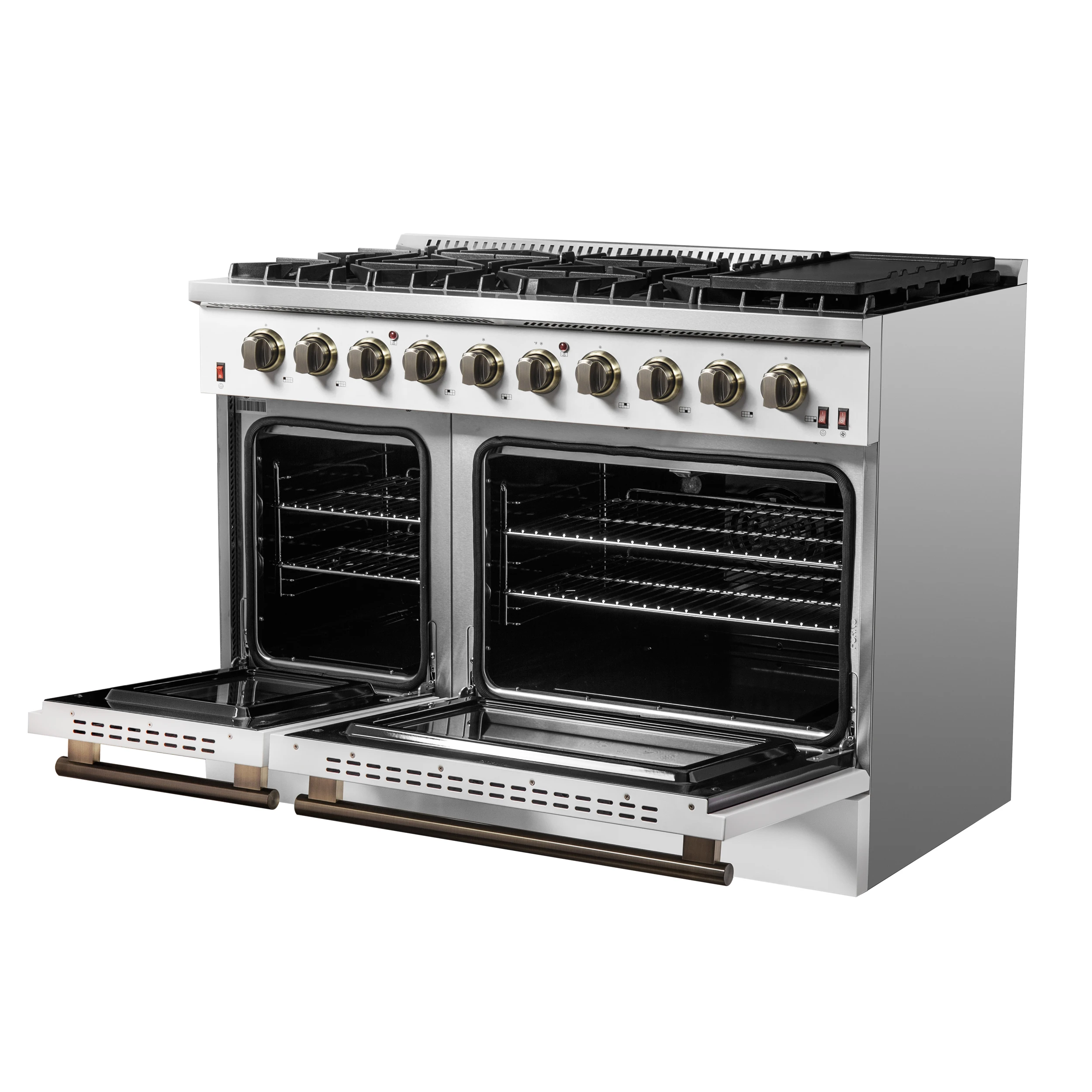 Galiano 48-inch Gas Range White & Antique Brass Design, 8 Burners, 107,000 BTU, Griddle, 6.58 cu.ft. Double Ovens FFSGS624448WHT