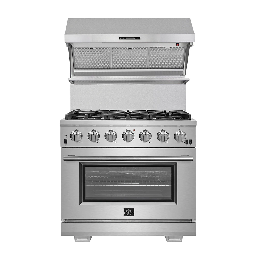 Capriasca 36-Inch Gas Range, Stainless Steel, 6 Brass Burners, 120,000 BTU, Convection Oven, Energy Efficient FFSGS626036