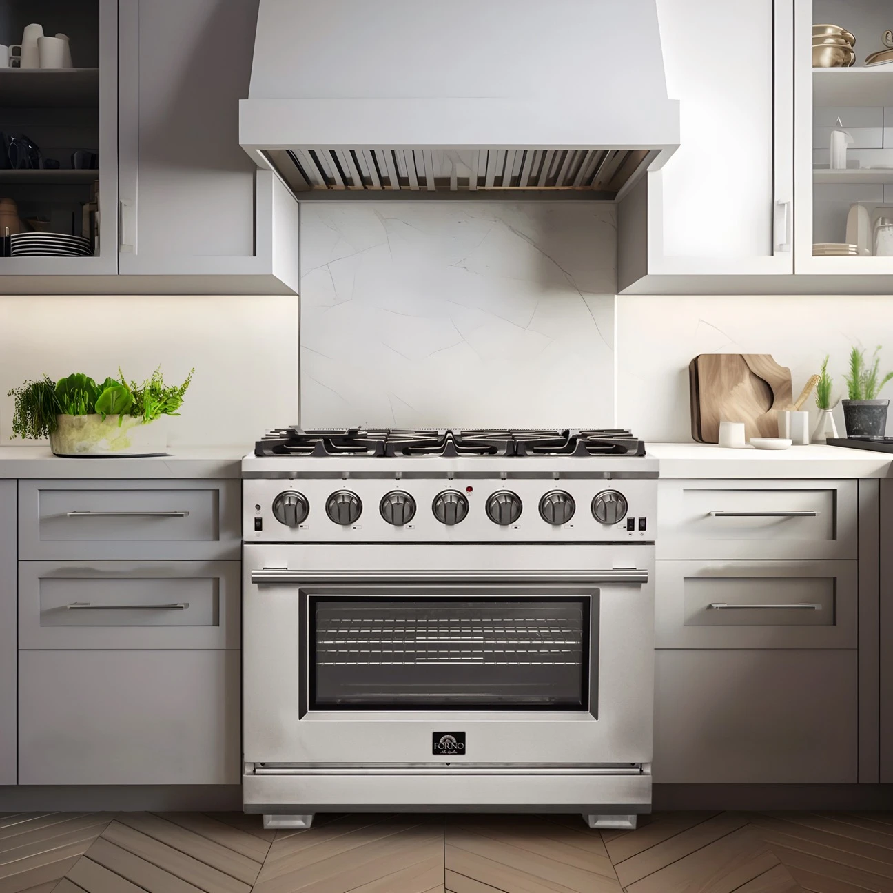 Capriasca 36-Inch Gas Range, Stainless Steel, 6 Brass Burners, 120,000 BTU, Convection Oven, Energy Efficient FFSGS626036