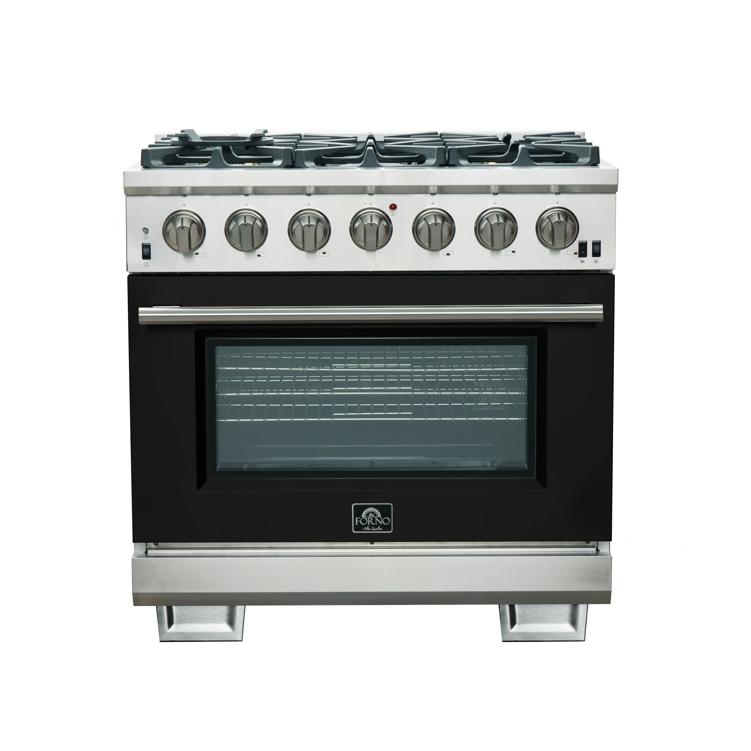 Capriasca 36-Inch Gas Range, Stainless Steel, 6 Brass Burners, 120,000 BTU, Convection Oven, Energy Efficient, Black door FFSGS626036BLK