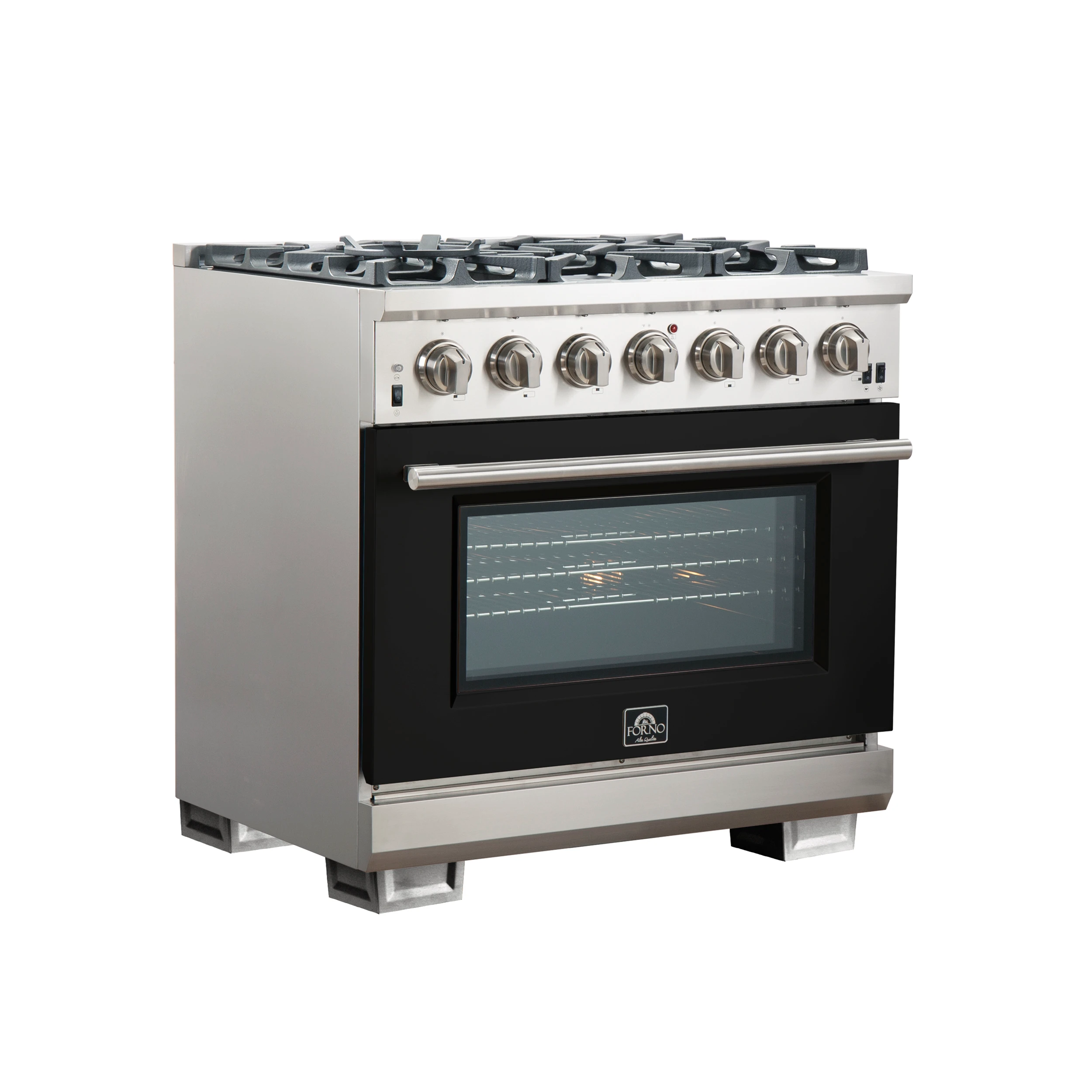 Capriasca 36-Inch Gas Range, Stainless Steel, 6 Brass Burners, 120,000 BTU, Convection Oven, Energy Efficient, Black door FFSGS626036BLK