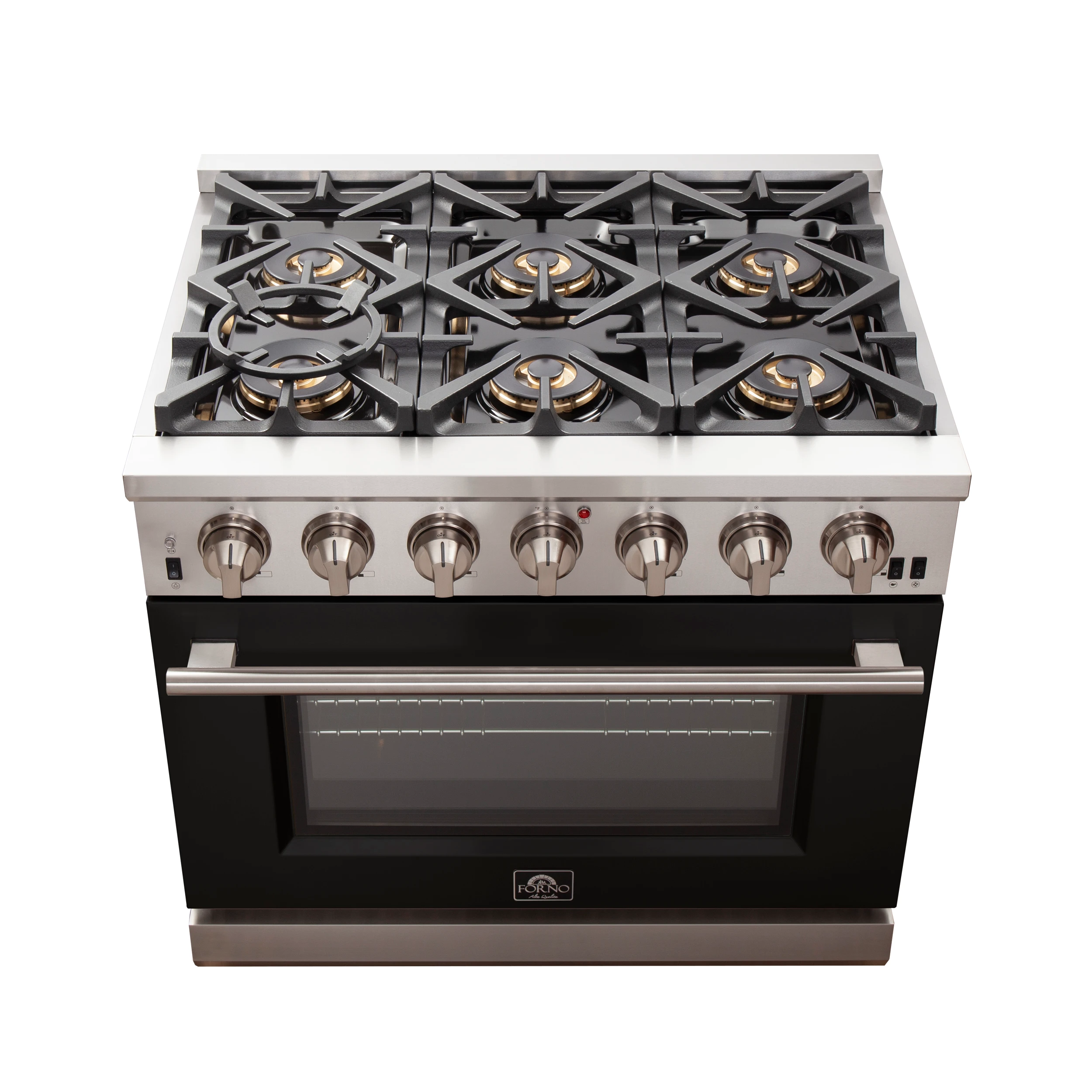 Capriasca 36-Inch Gas Range, Stainless Steel, 6 Brass Burners, 120,000 BTU, Convection Oven, Energy Efficient, Black door FFSGS626036BLK