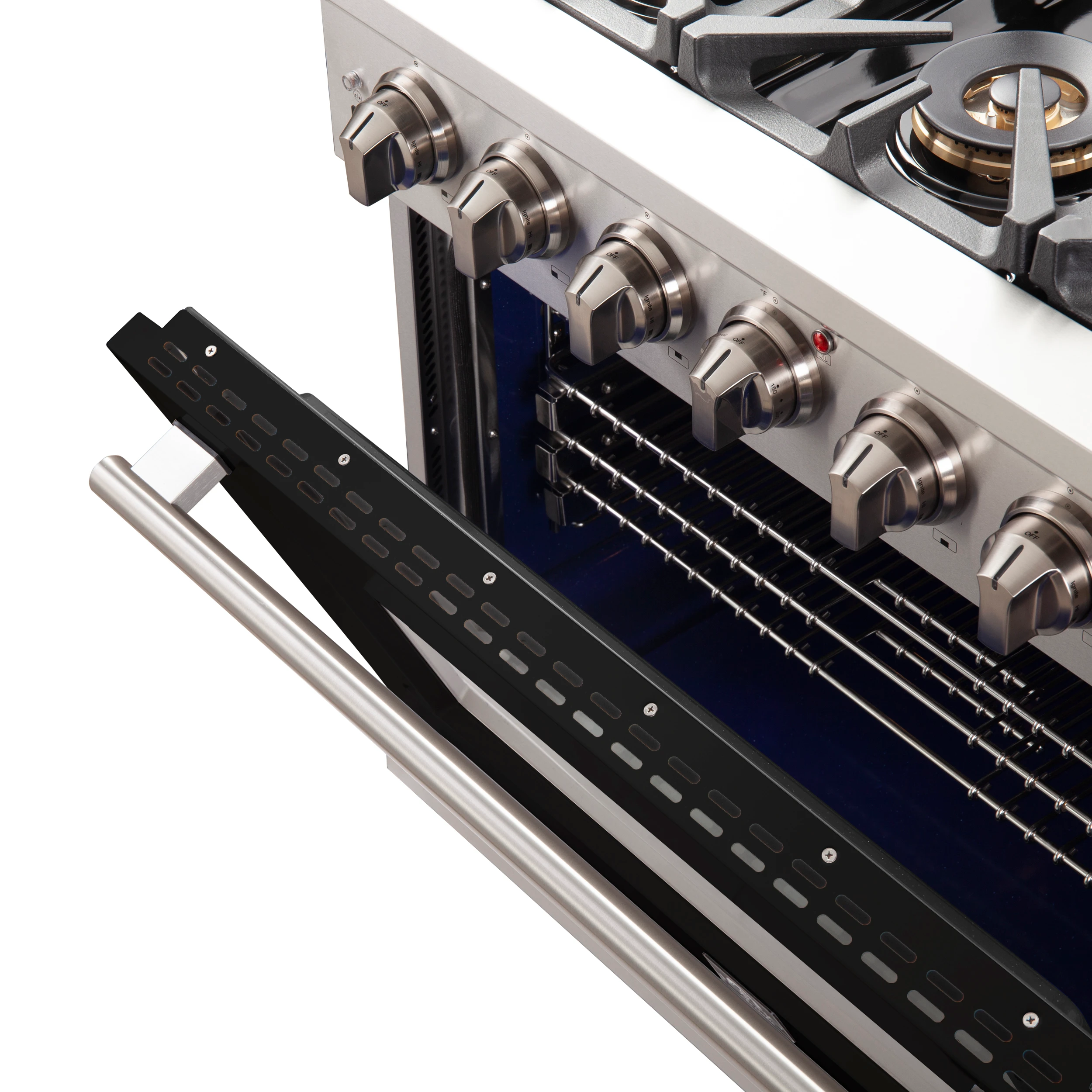 Capriasca 36-Inch Gas Range, Stainless Steel, 6 Brass Burners, 120,000 BTU, Convection Oven, Energy Efficient, Black door FFSGS626036BLK