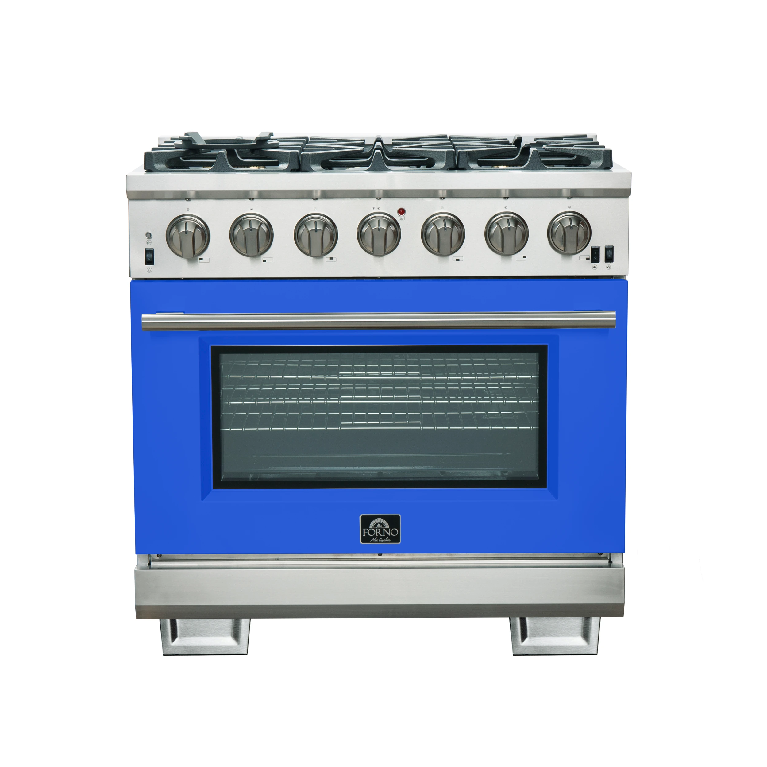 Capriasca 36-Inch Gas Range, Stainless Steel, 6 Brass Burners, 120,000 BTU, Convection Oven, Energy Efficient, Blue Door FFSGS626036BLU