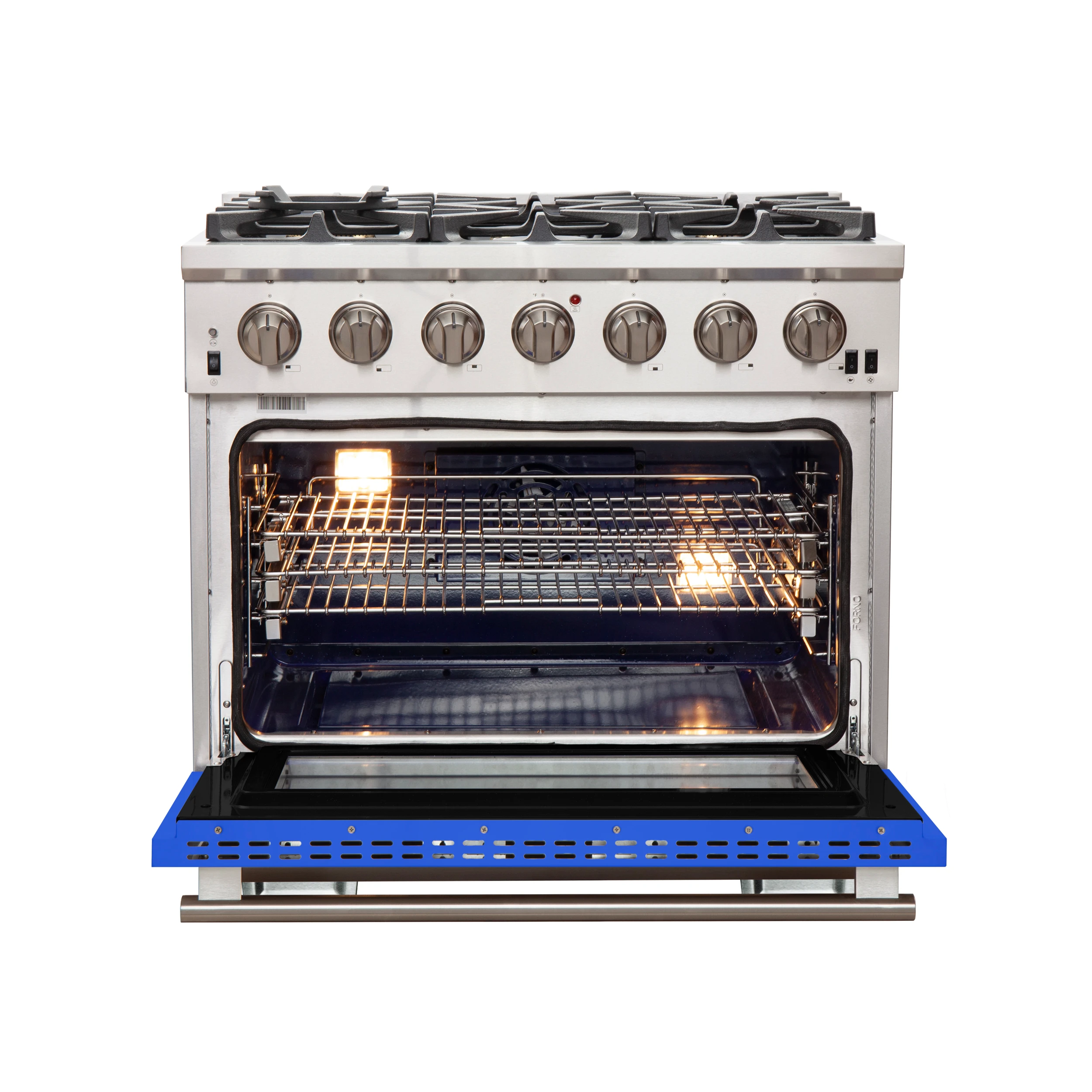 Capriasca 36-Inch Gas Range, Stainless Steel, 6 Brass Burners, 120,000 BTU, Convection Oven, Energy Efficient, Blue Door FFSGS626036BLU