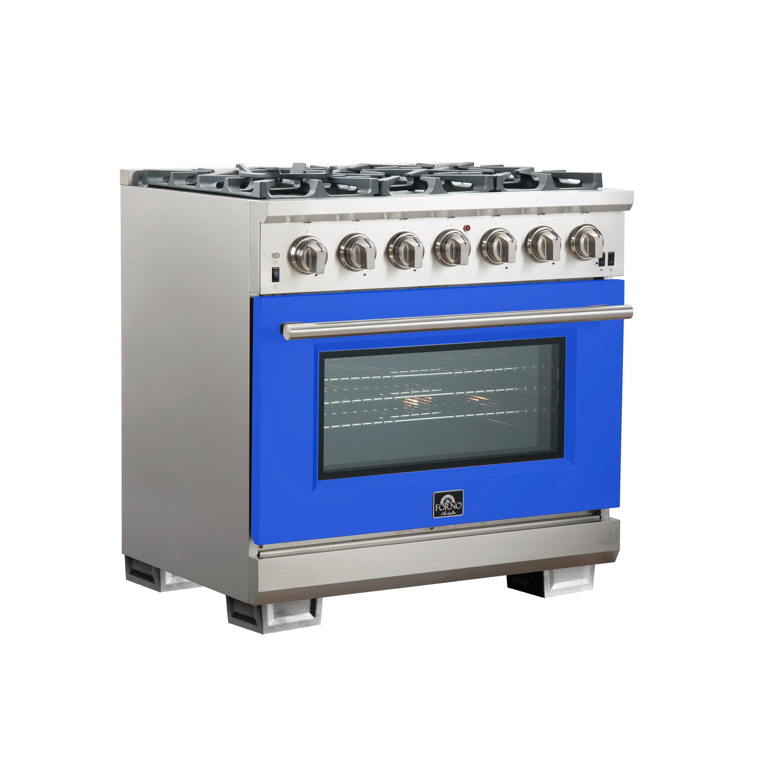 Capriasca 36-Inch Gas Range, Stainless Steel, 6 Brass Burners, 120,000 BTU, Convection Oven, Energy Efficient, Blue Door FFSGS626036BLU