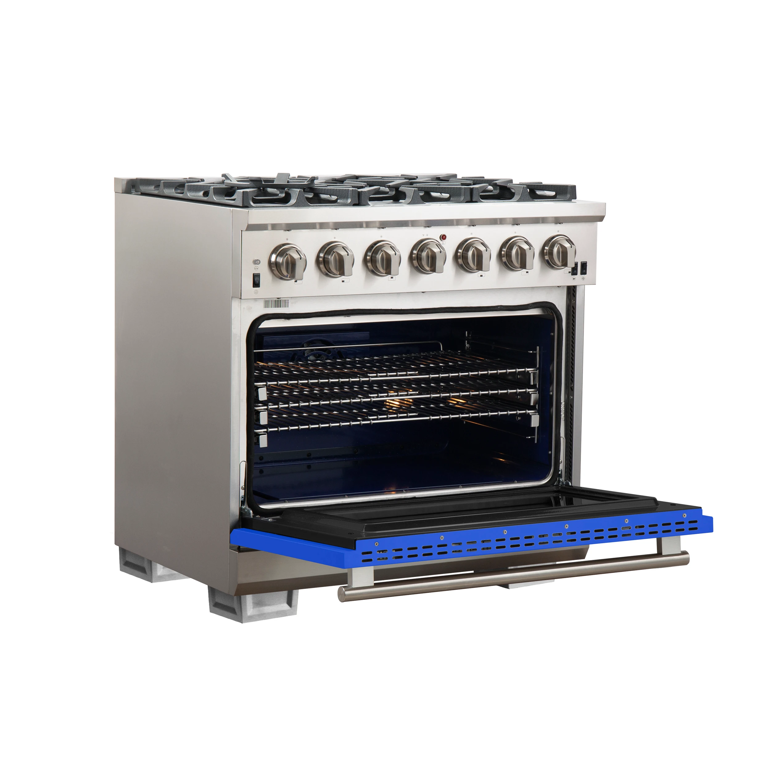 Capriasca 36-Inch Gas Range, Stainless Steel, 6 Brass Burners, 120,000 BTU, Convection Oven, Energy Efficient, Blue Door FFSGS626036BLU