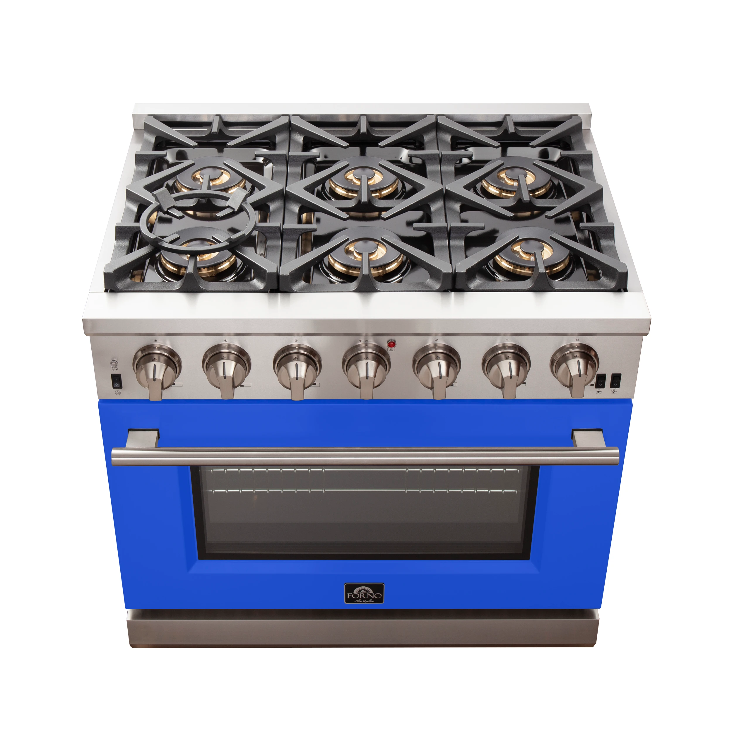 Capriasca 36-Inch Gas Range, Stainless Steel, 6 Brass Burners, 120,000 BTU, Convection Oven, Energy Efficient, Blue Door FFSGS626036BLU
