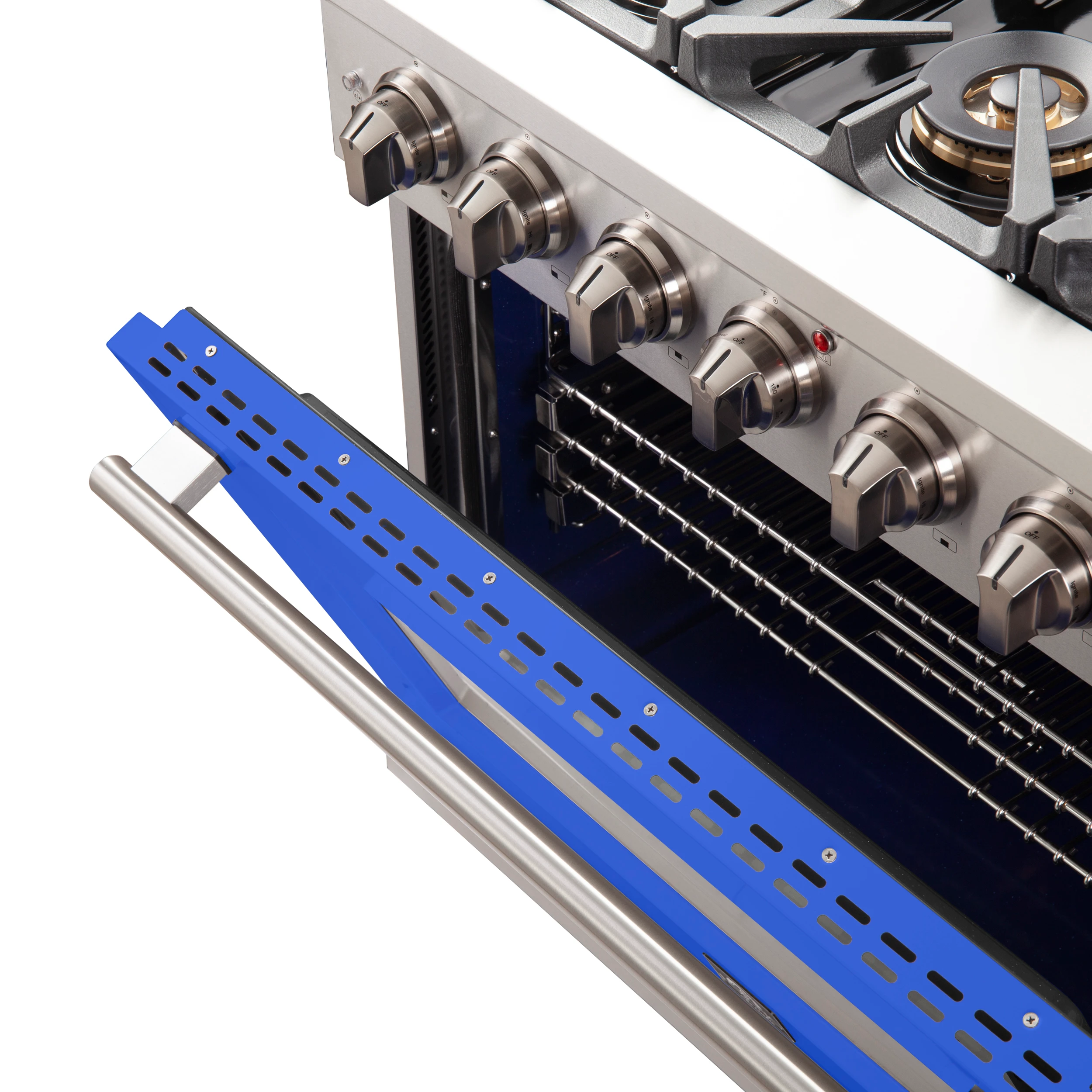 Capriasca 36-Inch Gas Range, Stainless Steel, 6 Brass Burners, 120,000 BTU, Convection Oven, Energy Efficient, Blue Door FFSGS626036BLU