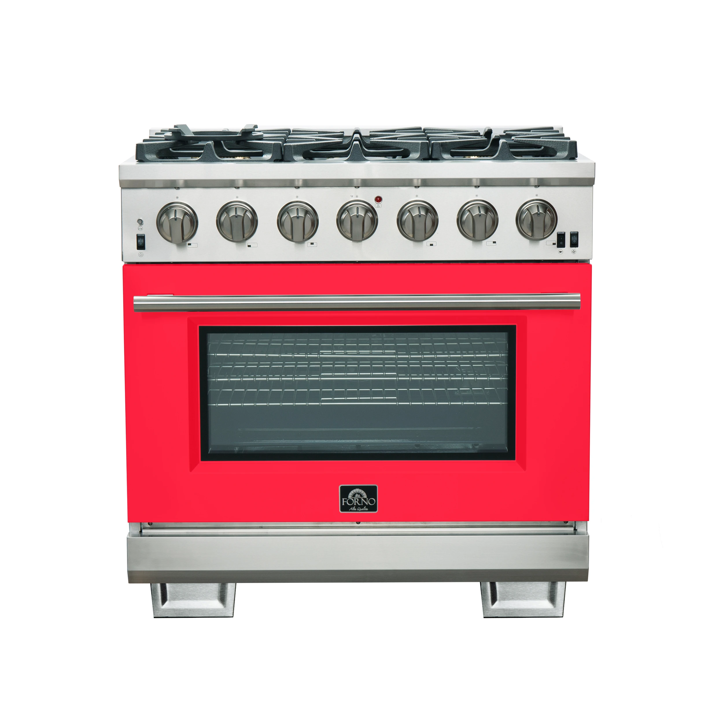 Capriasca 36-Inch Gas Range, Stainless Steel, 6 Brass Burners, 120,000 BTU, Convection Oven, Energy Efficient, Red Door FFSGS626036RED